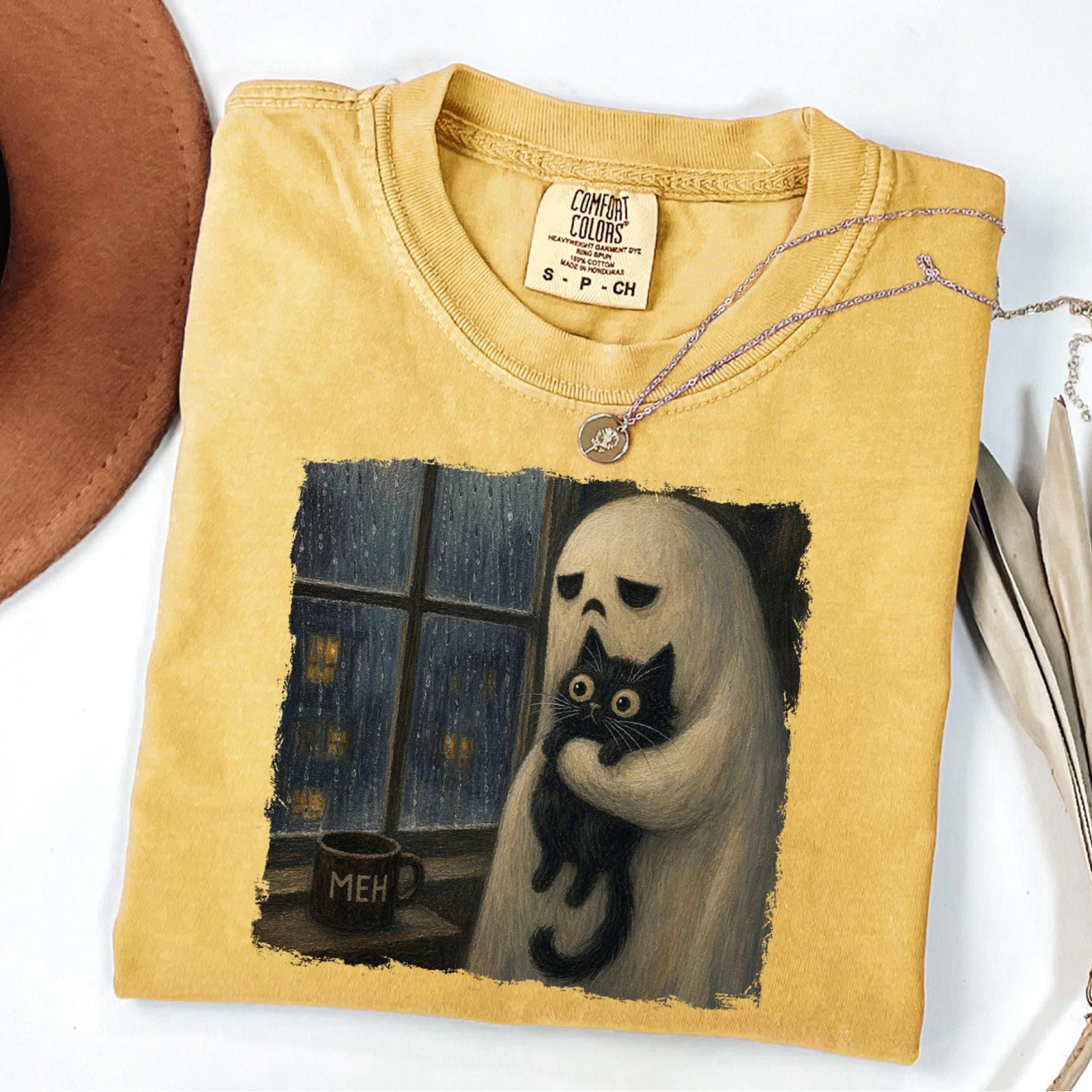 ghost photo graphic shirt retro ghost black cat halloween graphic tee
