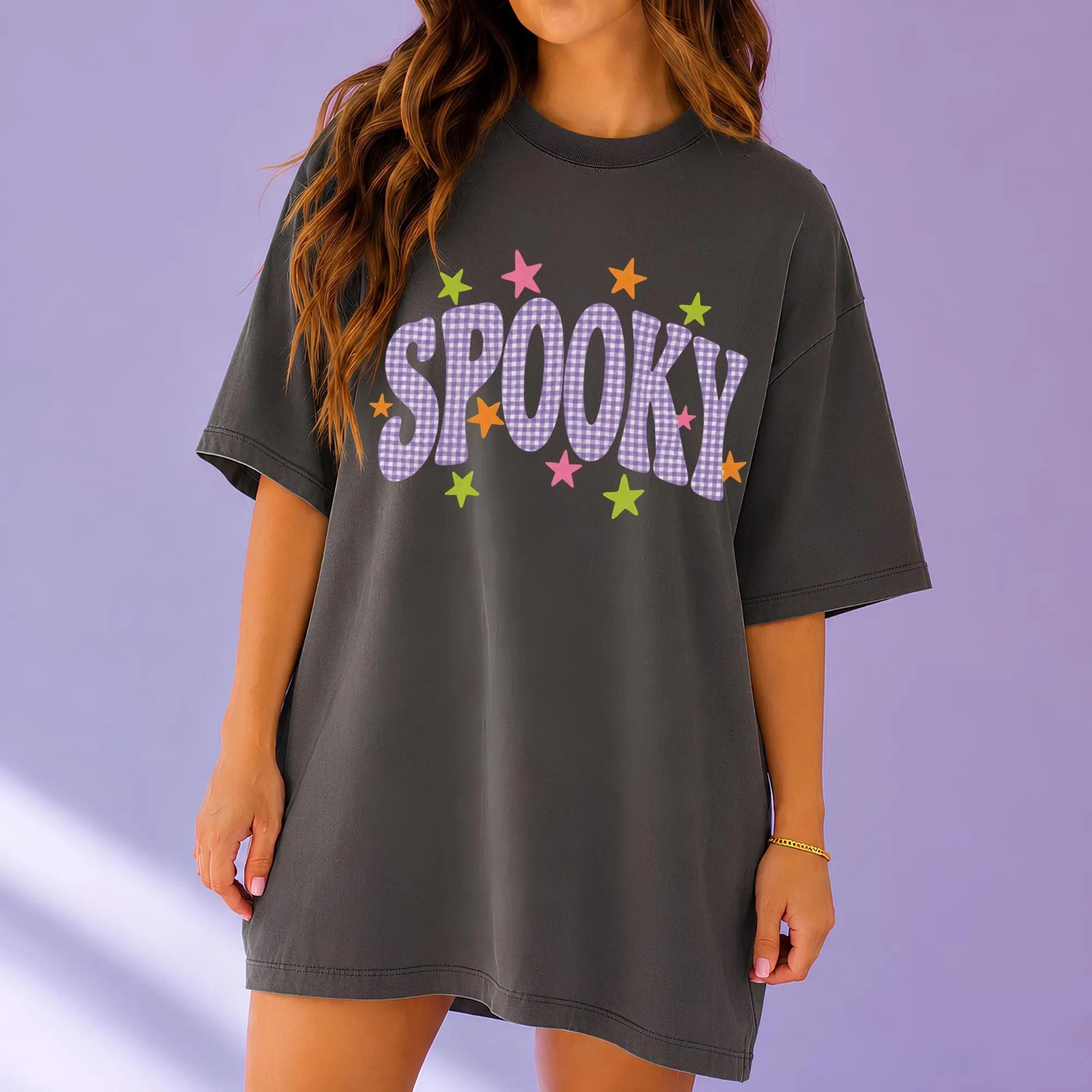 cute halloween shirt spooky graphic tee pastel halloween shirt pink purple gingham trendy fall comfort colors tee preppy