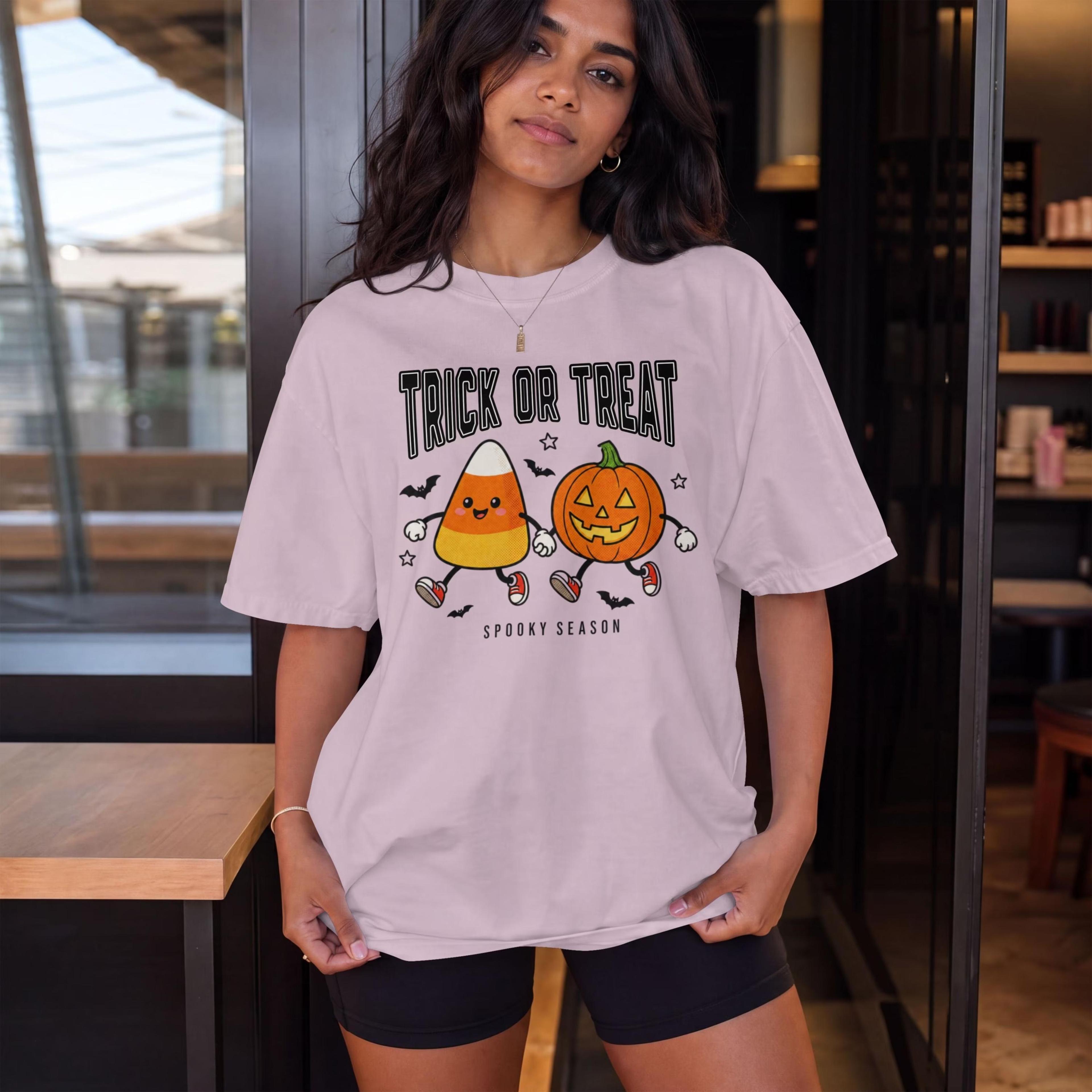 trick or treat halloween shirt, cute candy corn pumpkin graphic tee, spooky season t-shirt, funny fall halloween tee, cu