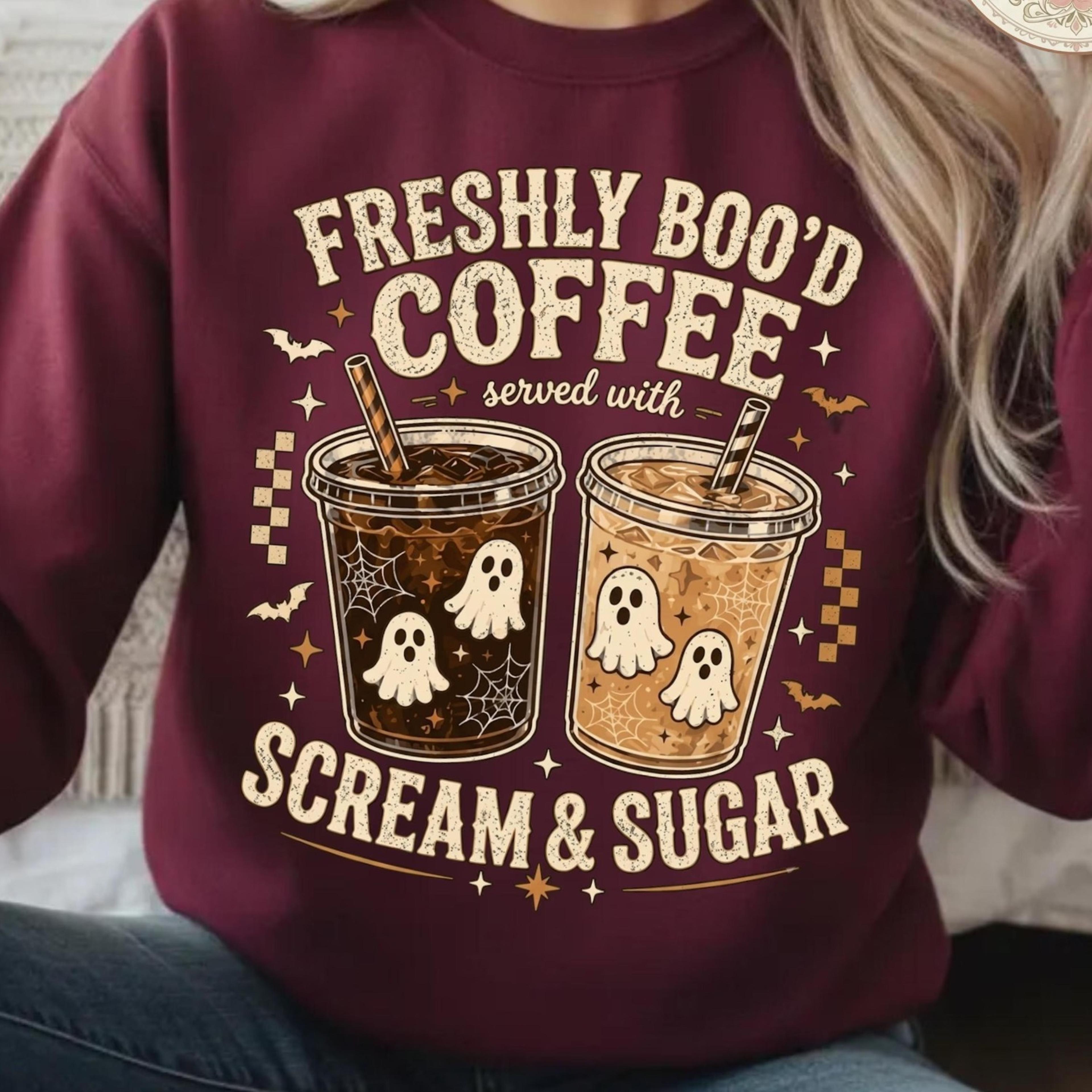 scream and sugar sweatshirt, cute ghost coffee t shirt, retro freshly brood crewneck, funny halloween sweater, spooky co
