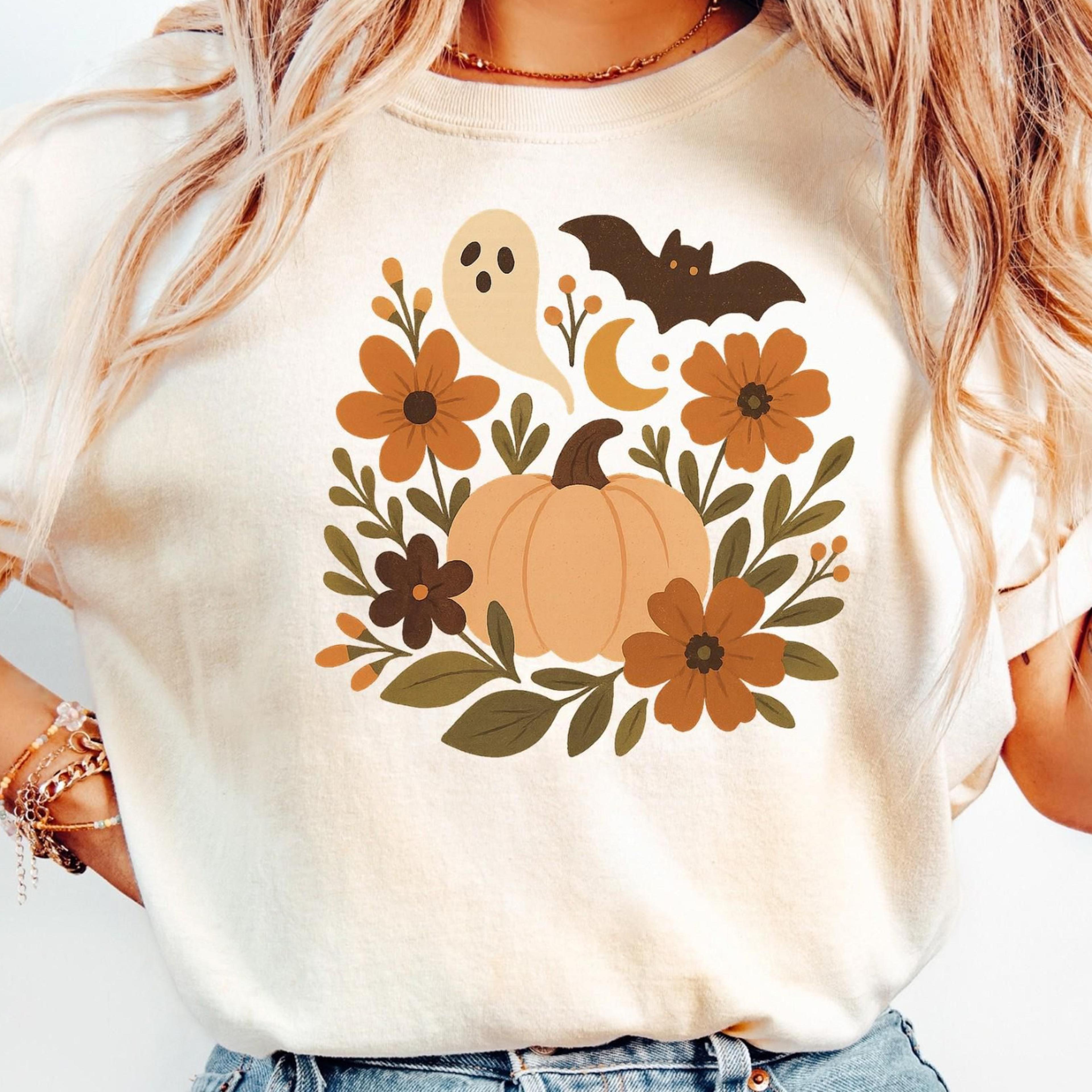 spooky season graphic, shirt, vintage halloween ghost illustration retro art top, cozy fall aesthetic gift for her