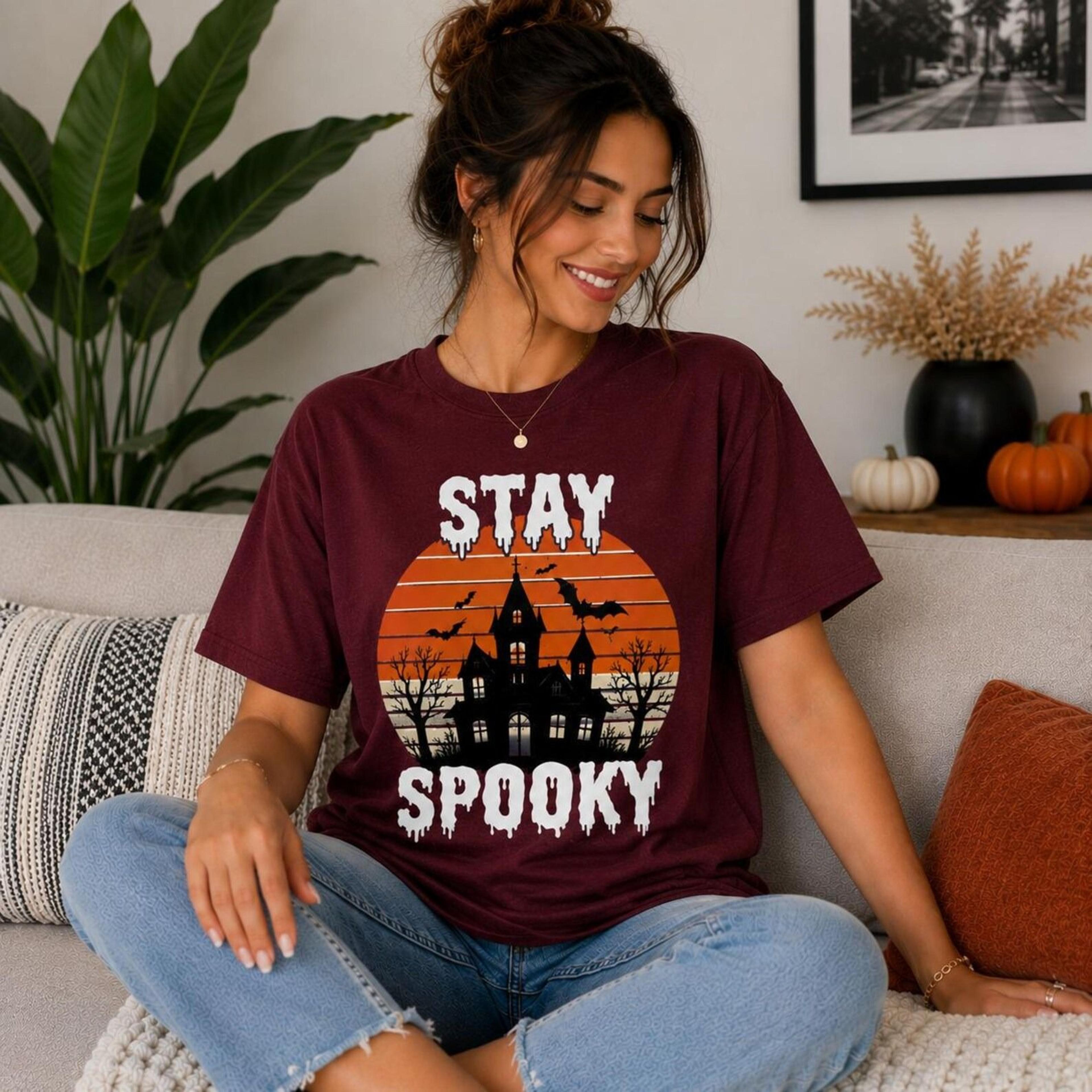 vintage haunted house halloween t-shirt, spooky sunset bats graphic tee