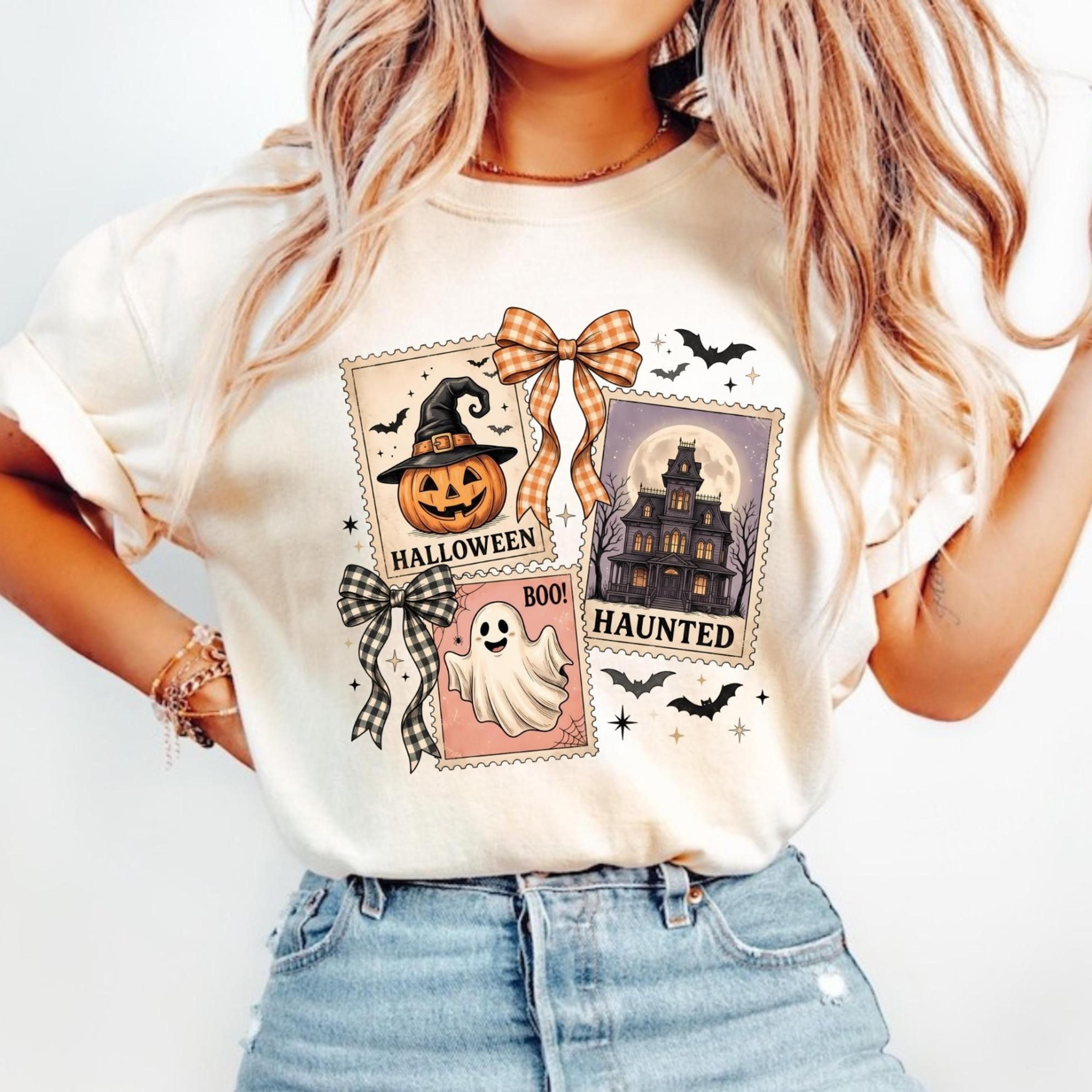halloween postage stamp shirt, halloween tee, vintage pumpkin ghost shirt, haunted house graphic tee, spo