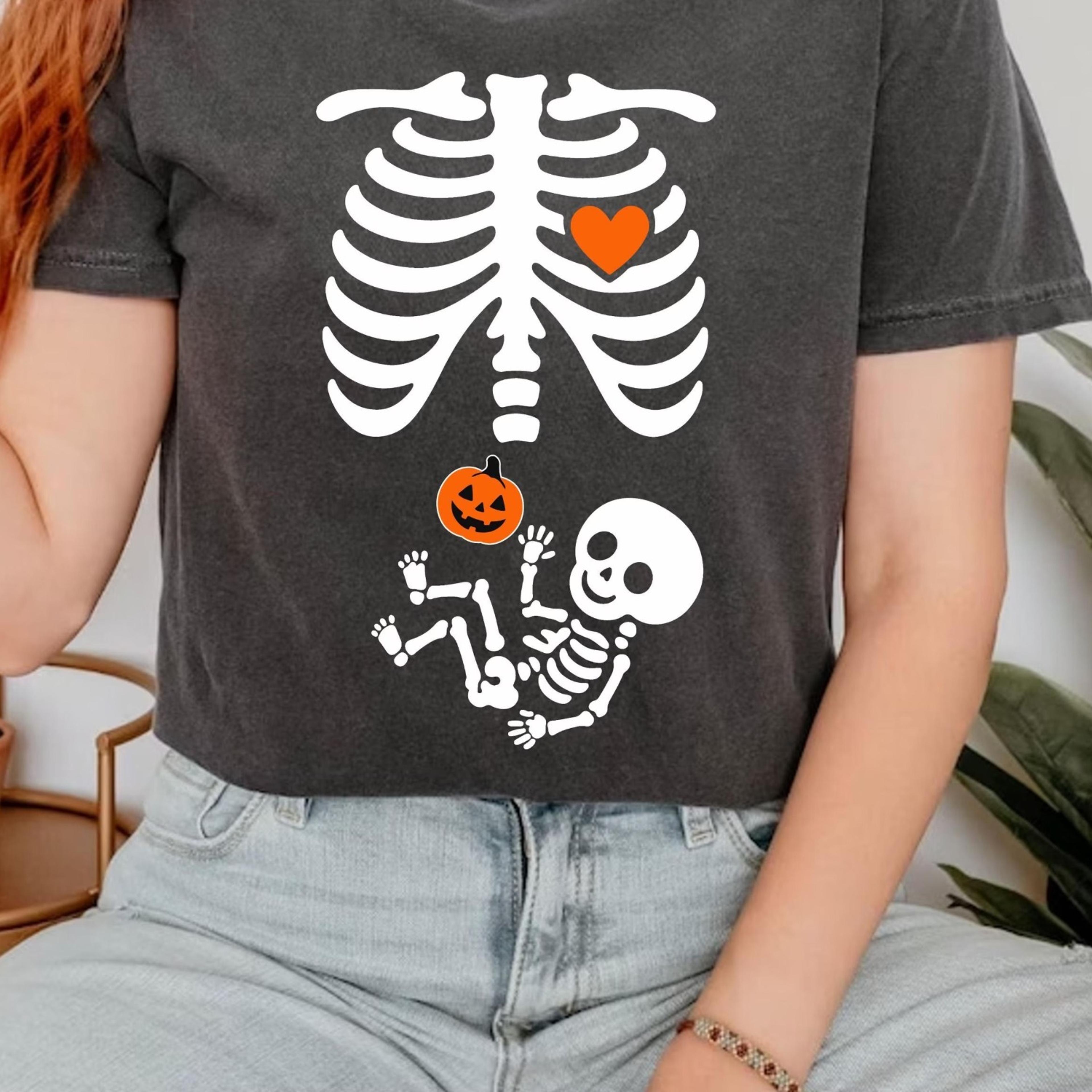 skeleton halloween maternity t-shirt, skeleton pregnant shirt, pregnant halloween shirt, pregnancy announcement t-shirt