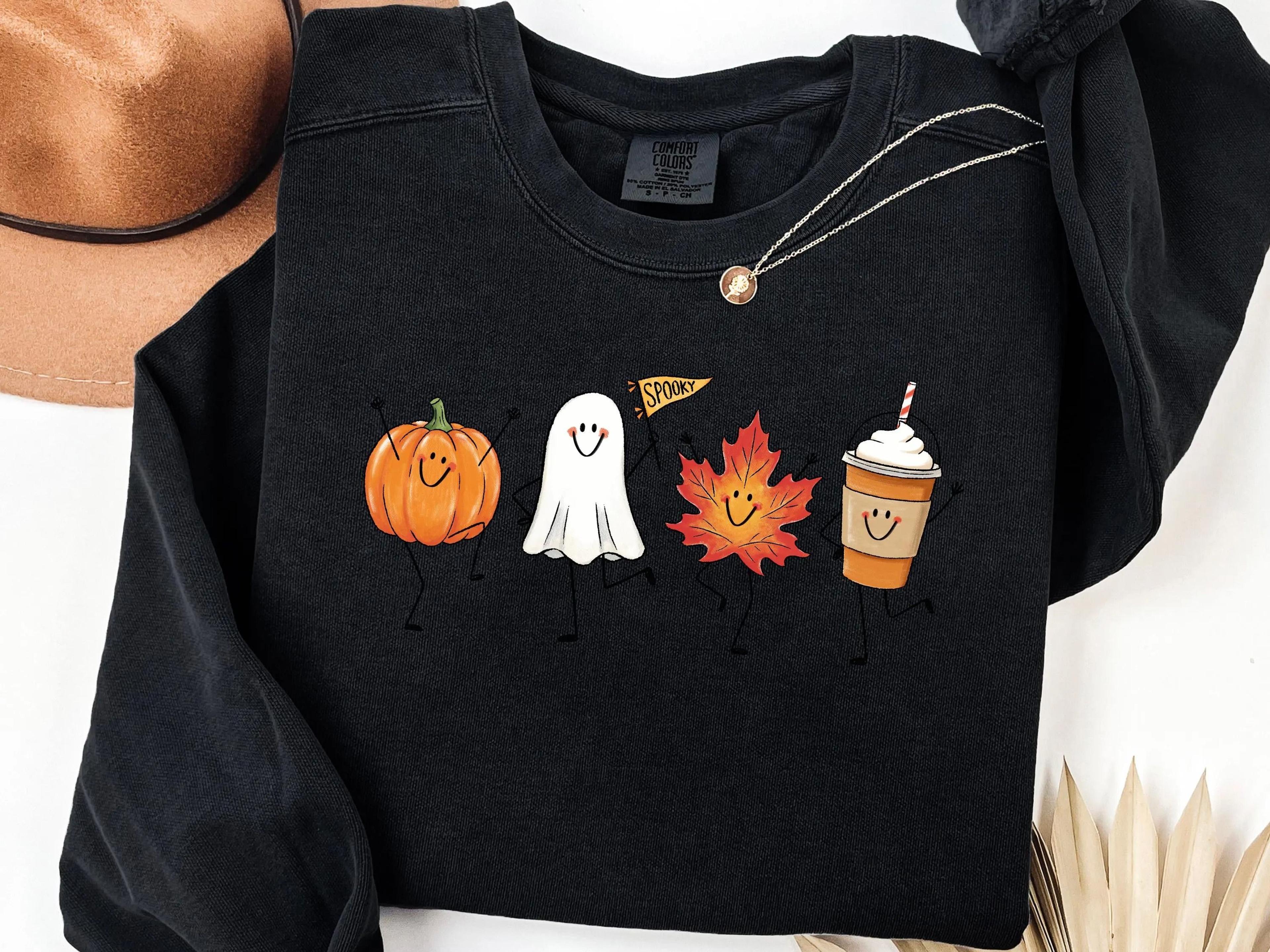 cute autumn halloween t-shirt, fall pumpkin ghost maple leaf pumpkin spice latte tee, spooky season graph