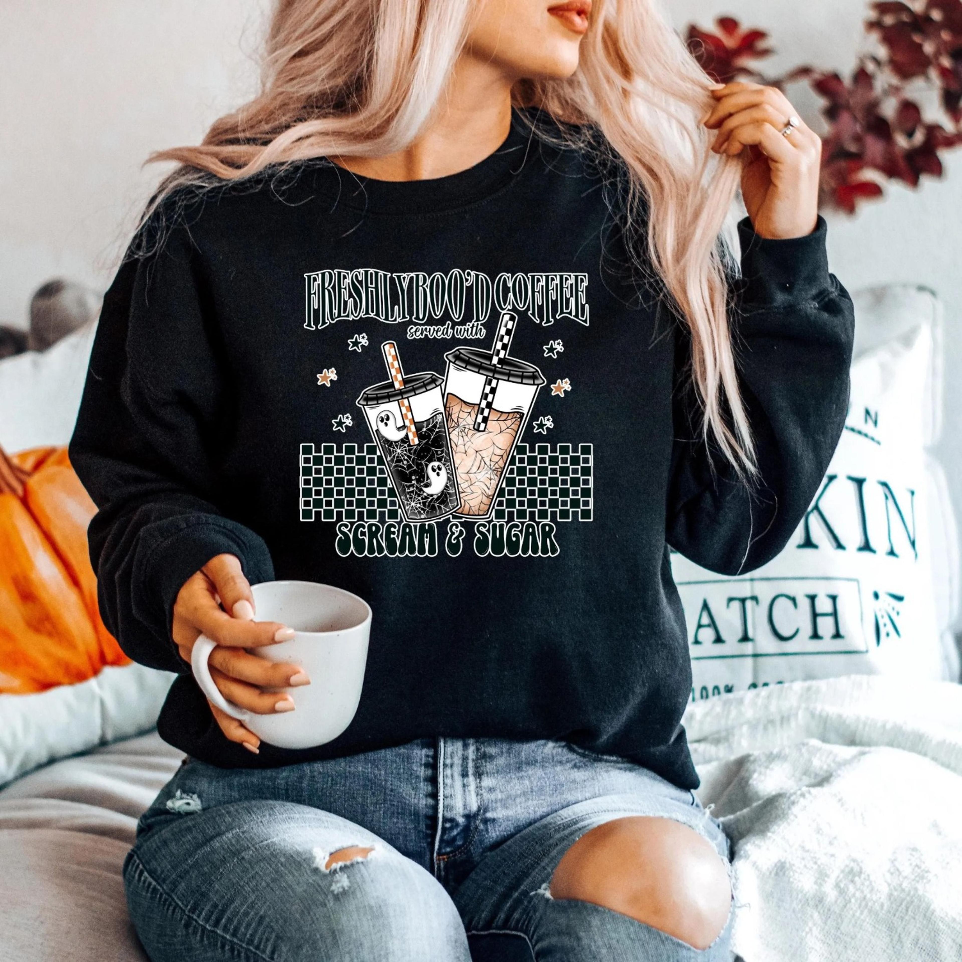 halloween freshly boo'd coffee sweatshirt halloween coffee lover sweatshirt, ghost coffee sweater, halloween gift, hall