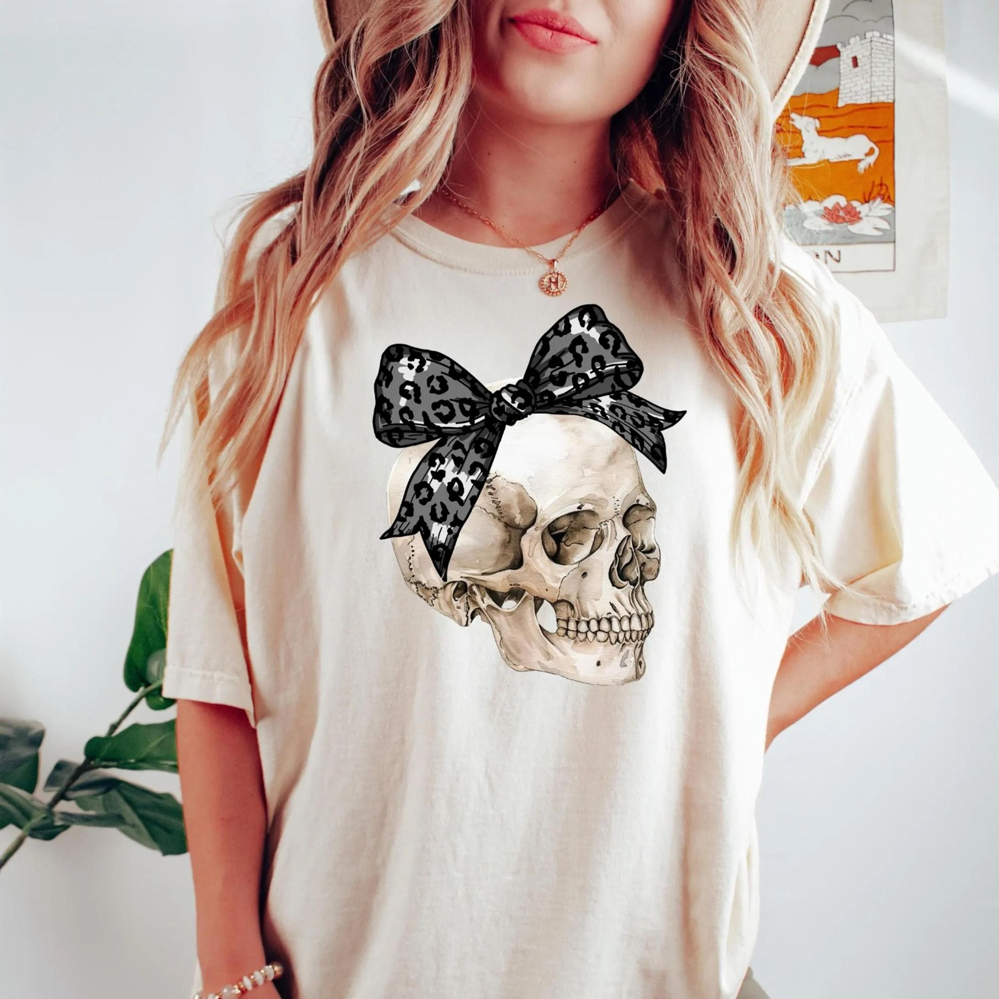 skull bow shirt, halloween skull tshirt, coquette bow skull shirt, halloween skeleton shirt, retro halloween shirt, hall