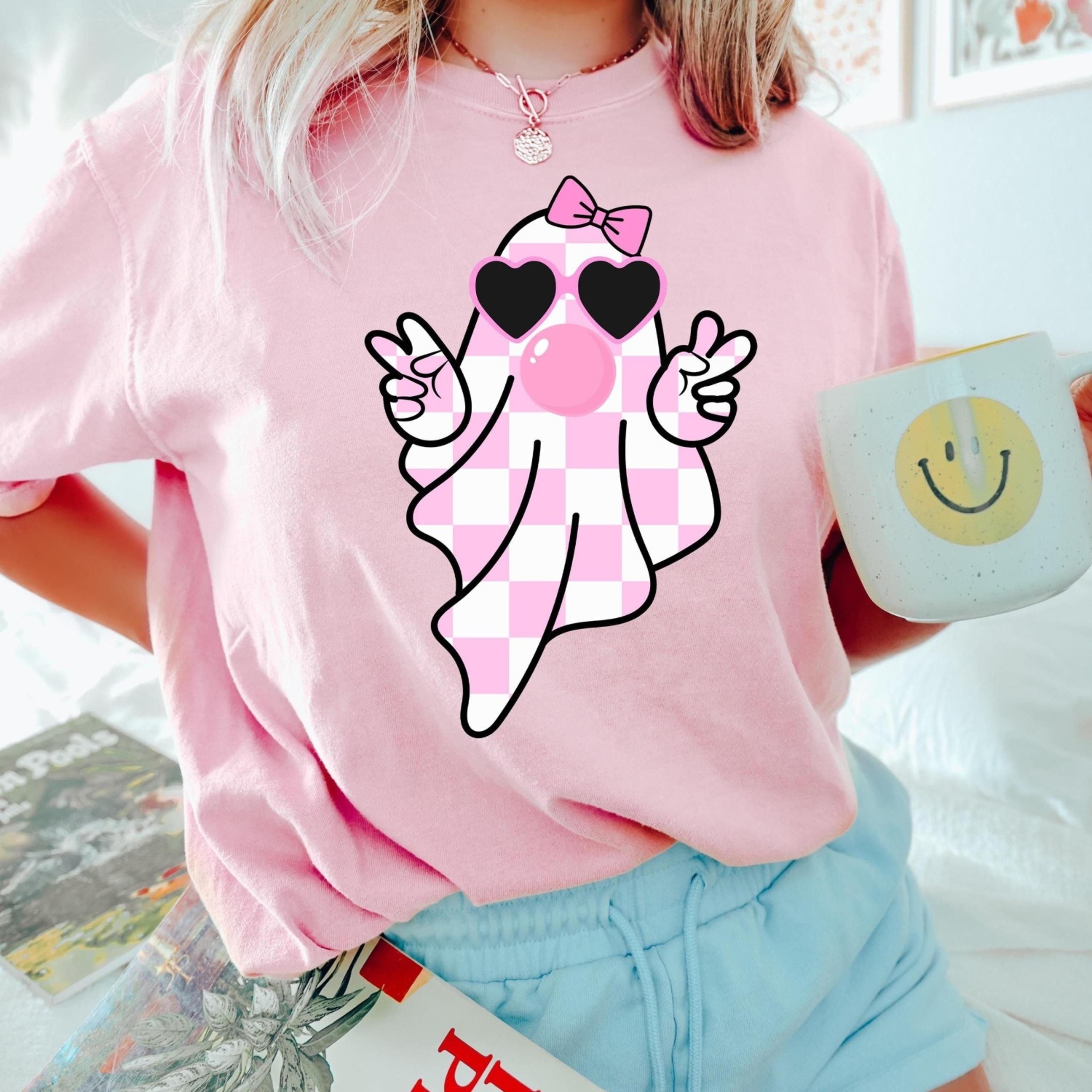 cute girly ghost blowing bubble shirt, cute ghost shirt, retro checkered ghost bow shirt, cute pink ghost t-shirt, on we