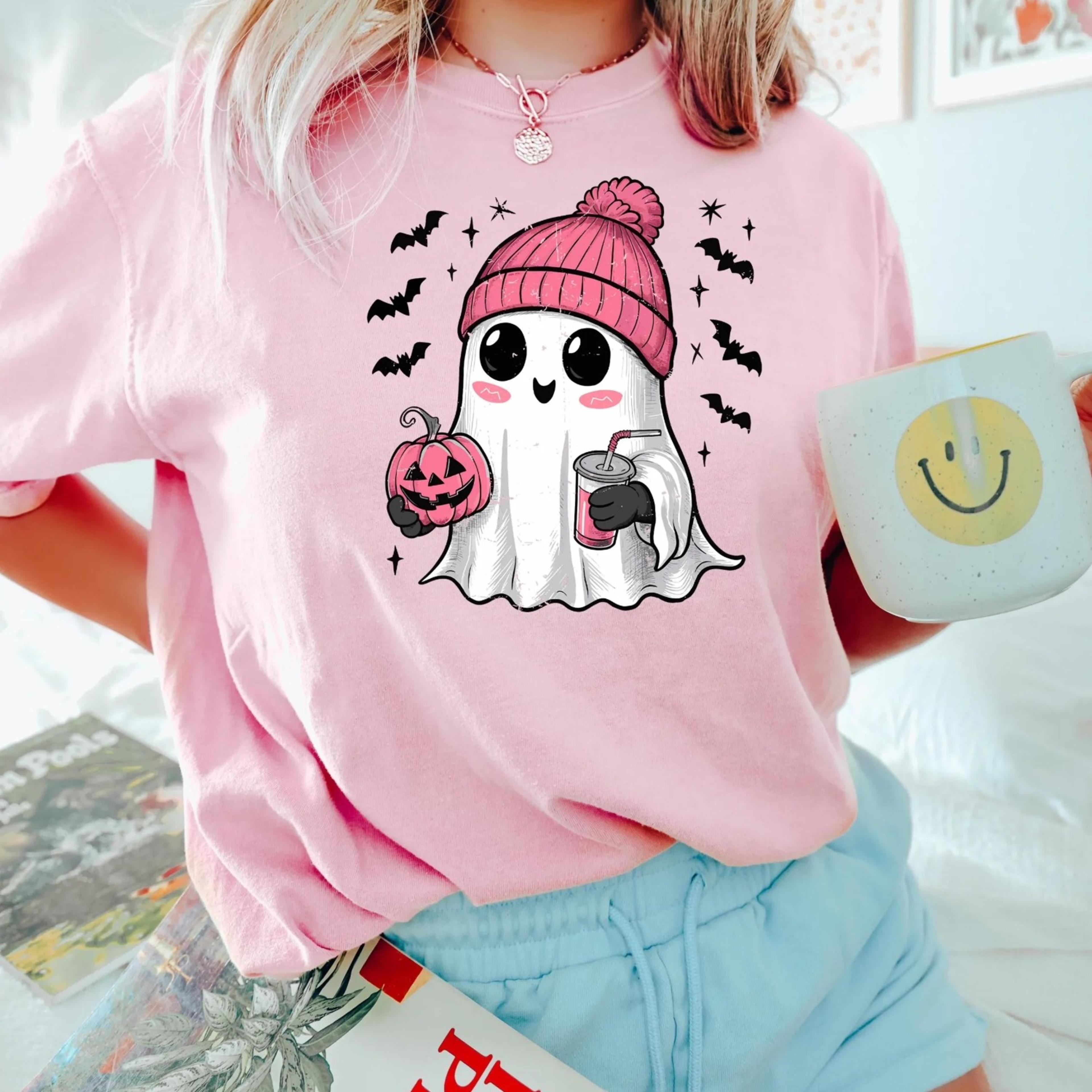 halloween cute pink ghost t shirt, cute ghost sweatshirt, halloween ghost shirt, halloween girls shirt, ghost
