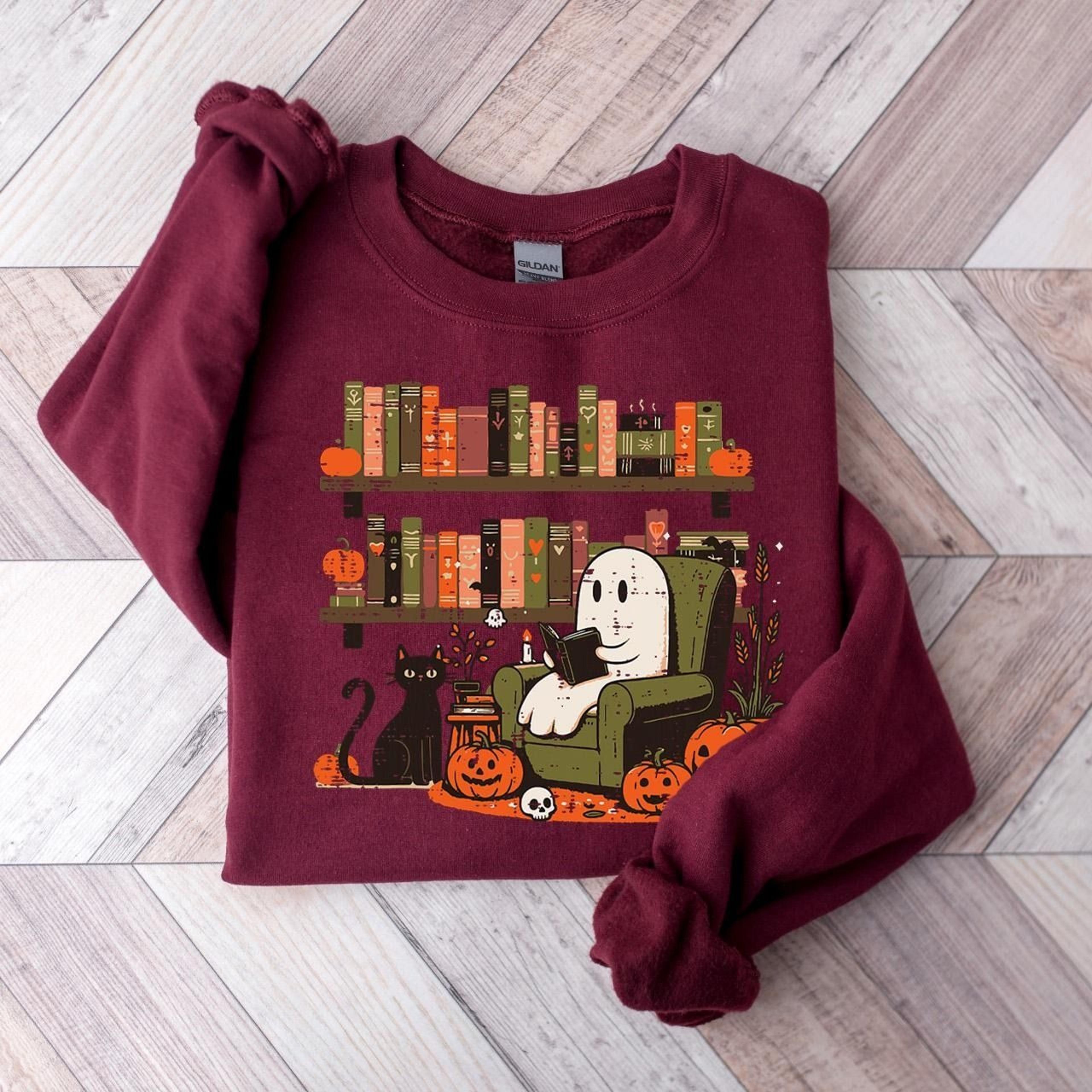 ghost reading book halloween shirt, tis the season sweatshirt, spooky vibes crewneck, book lover halloween tee, fall boo