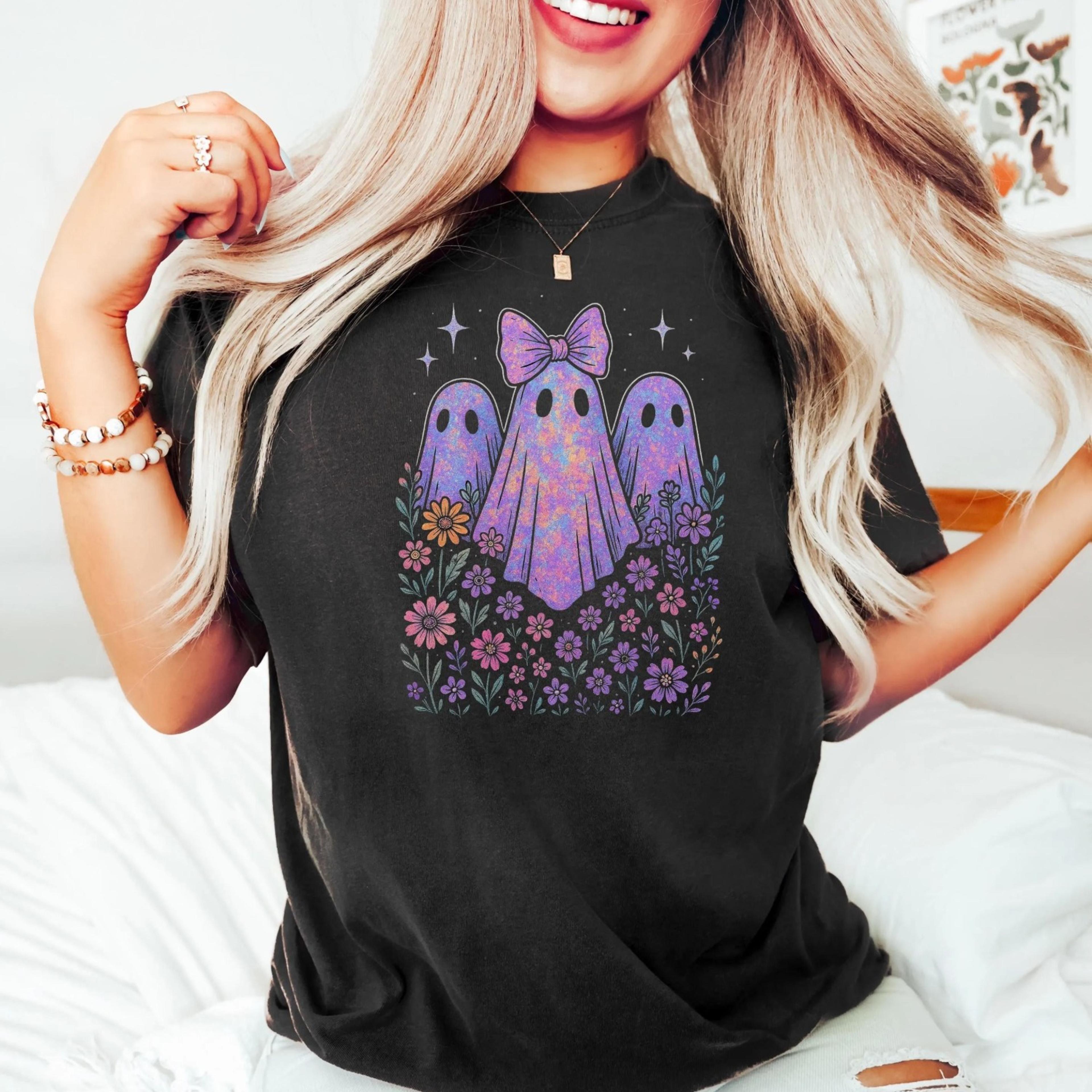 neon halloween tshirt, neon floral ghost tee, witchy neon ghost shirt, spooky season neon tee, halloween party tee, wome