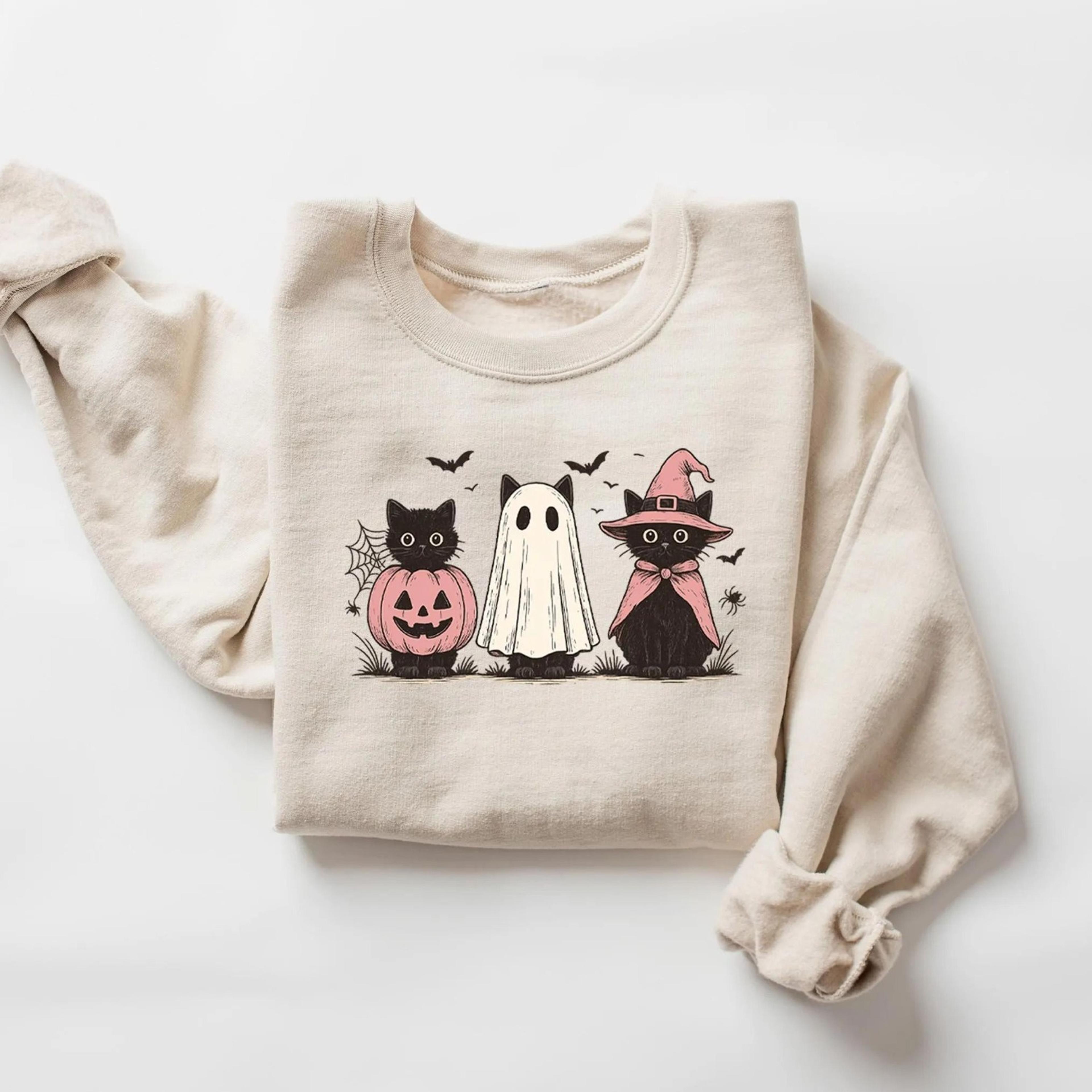 ghost holding black cat sweatshirt, ghost cat halloween hoodie, halloween gift for cat owners, halloween cat tee, black