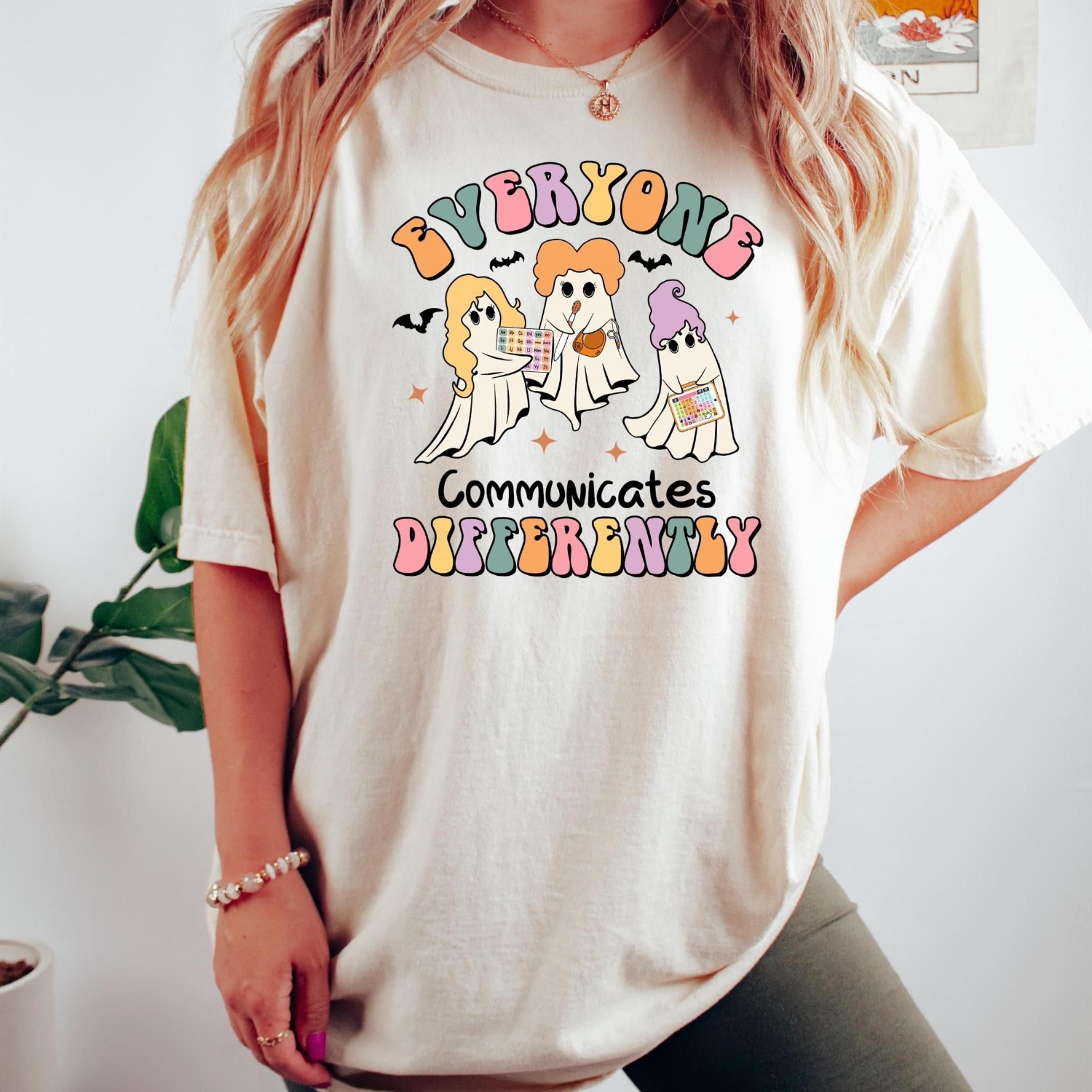 halloween everyone communicates differently sweater, teacher halloween shirt, speech therapy shirt, speech language tee,