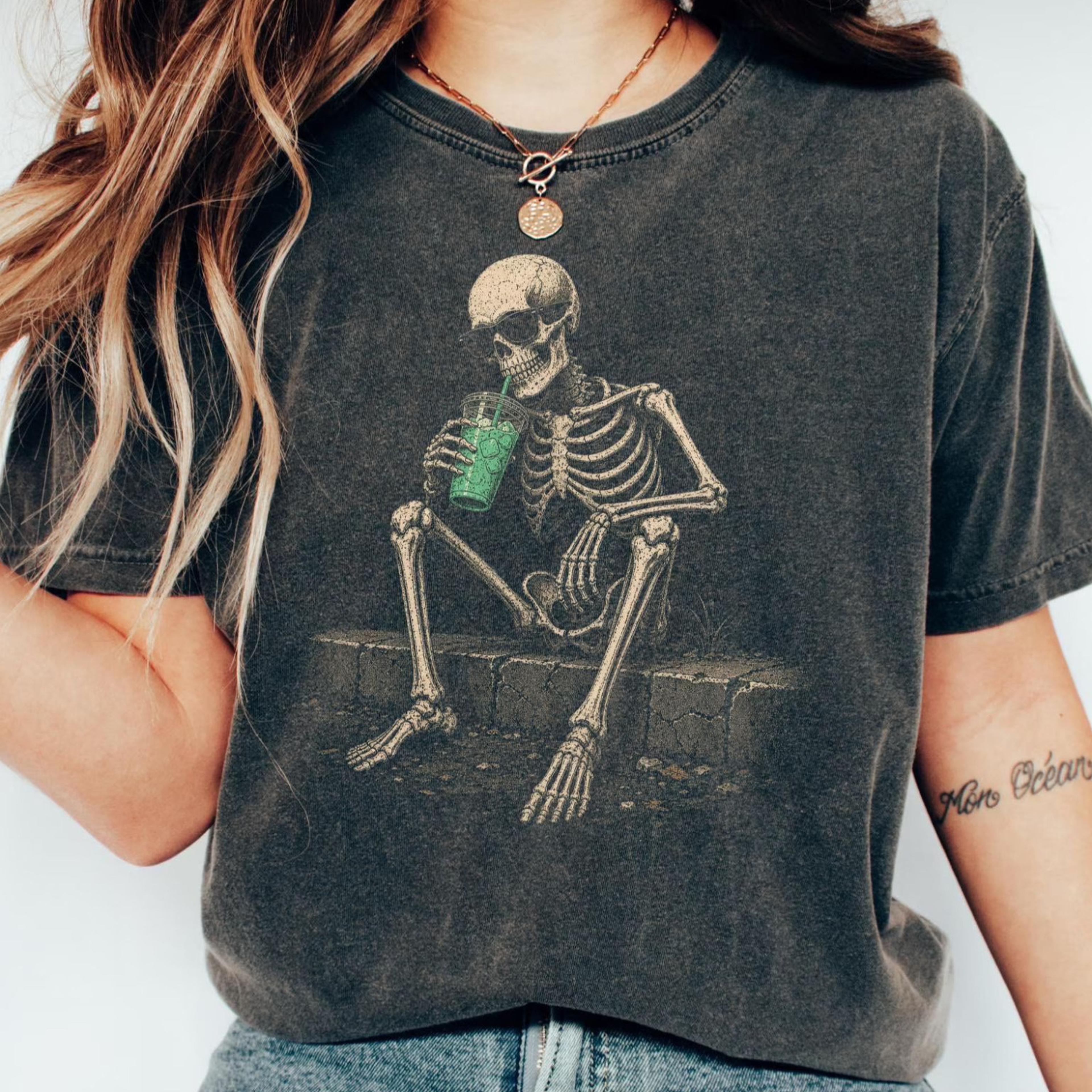 iced coffee skeleton shirt vintage halloween coffee graphic tee