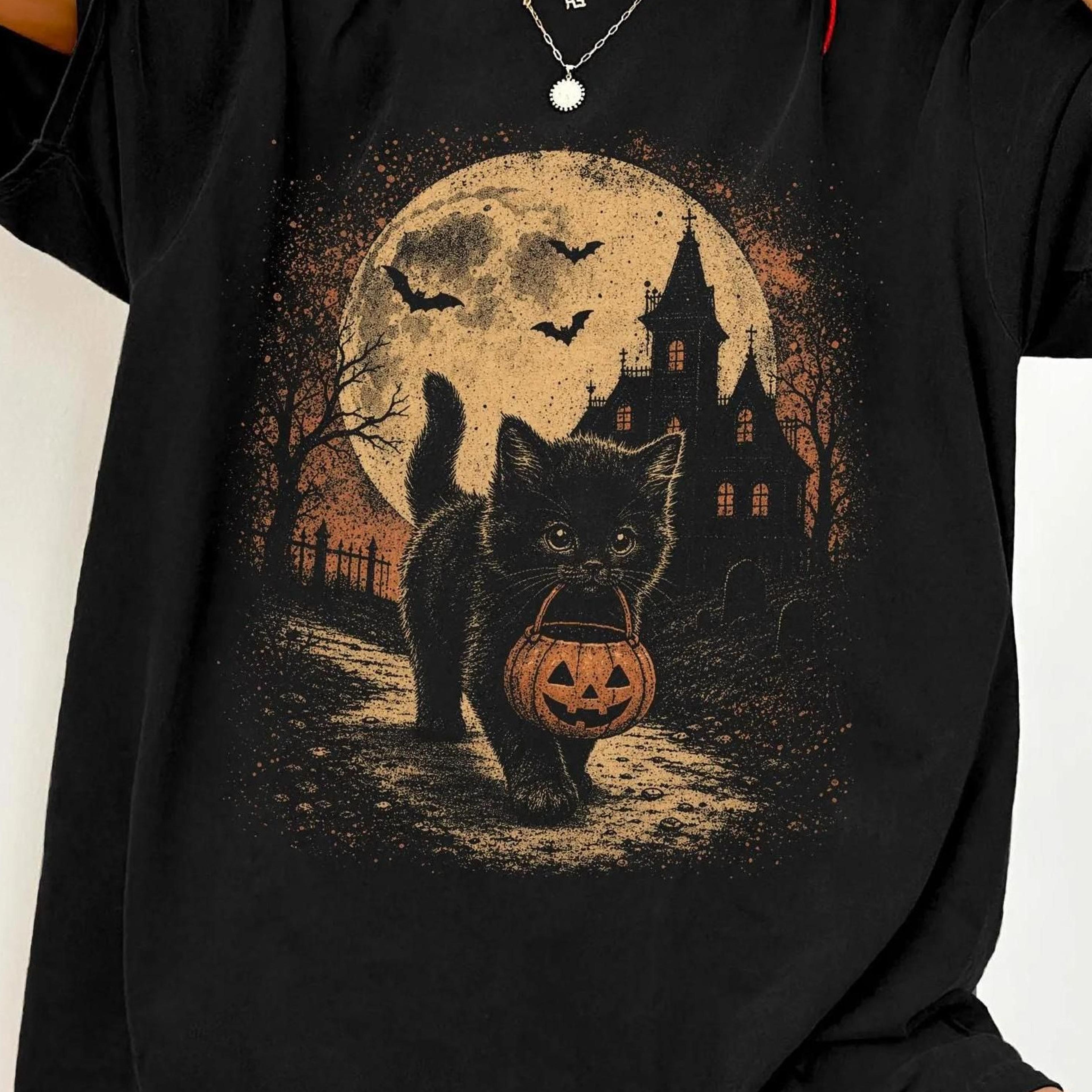 black cat halloween shirt vintage haunted house graphic tee
