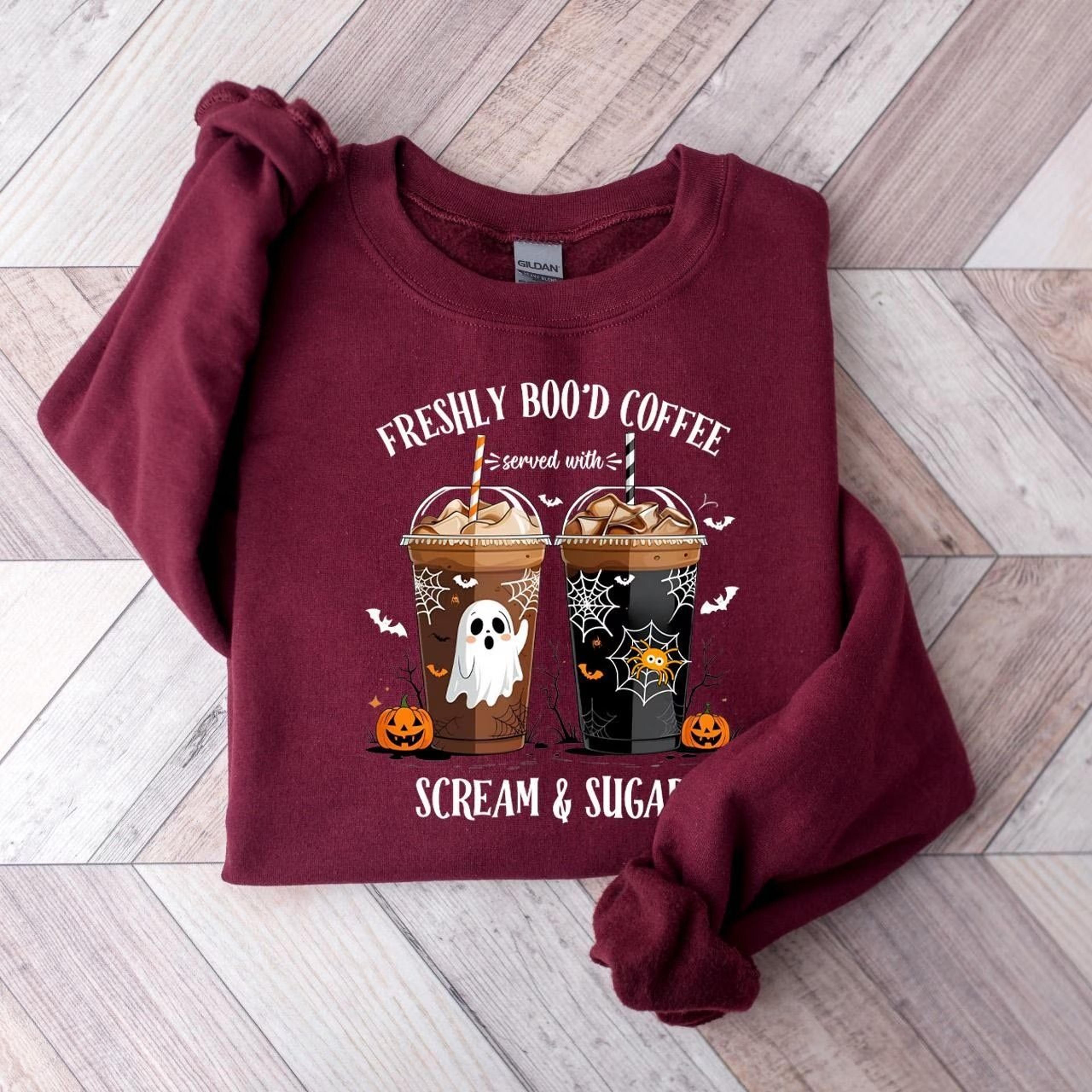 freshly boo'd coffee sweatshirt latte halloween coffee lover shirt, ghost coffee tshirt tee,haunted house,trendy spooky