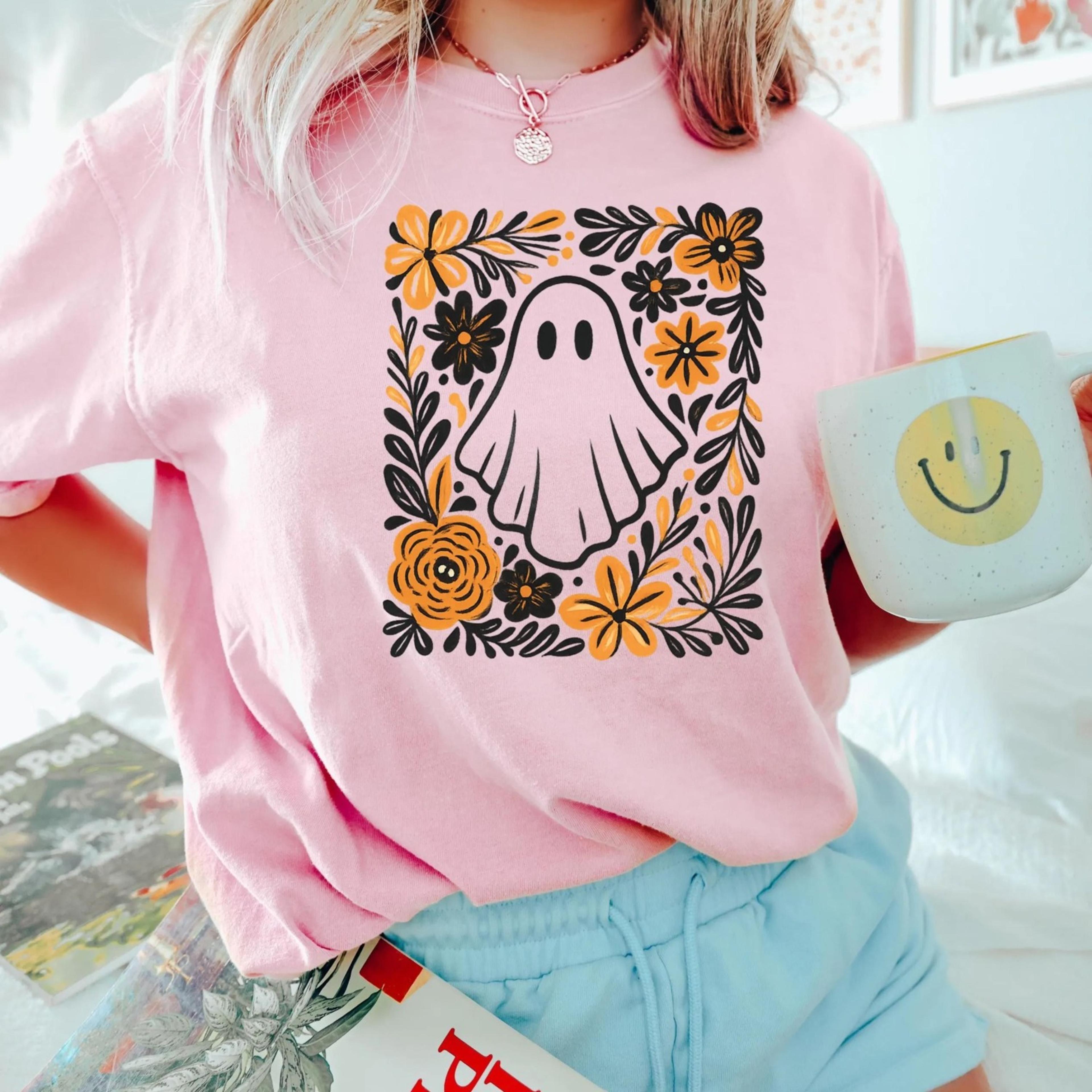 halloween ghost with flowers shirt, halloween t-shirt, autumn fall season shirt, cute floral ghost shirt, floral ghost c