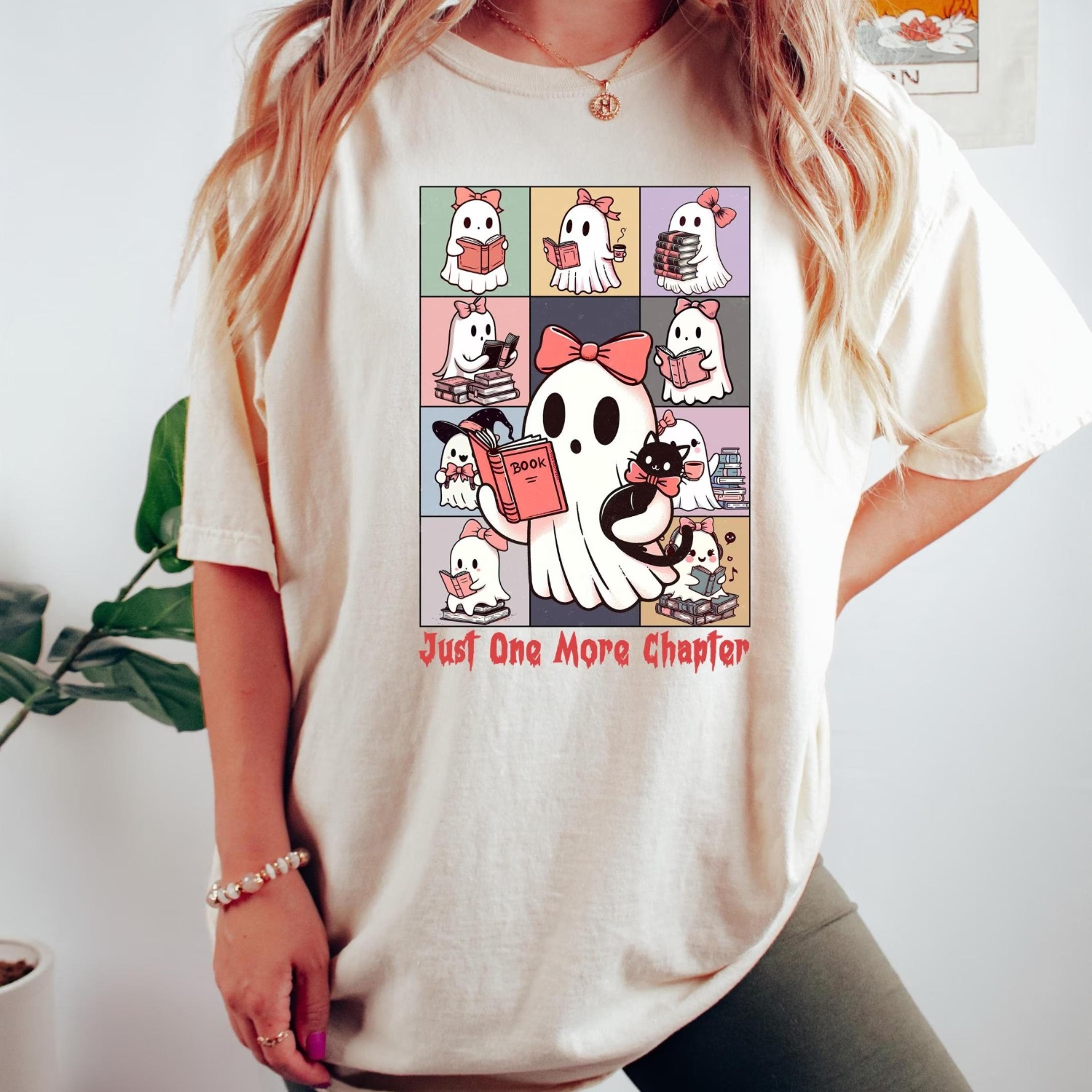 just one more chapter shirt, halloween shirt, halloween book lover, ghost reading book, spooky season, cute ghost shirt,