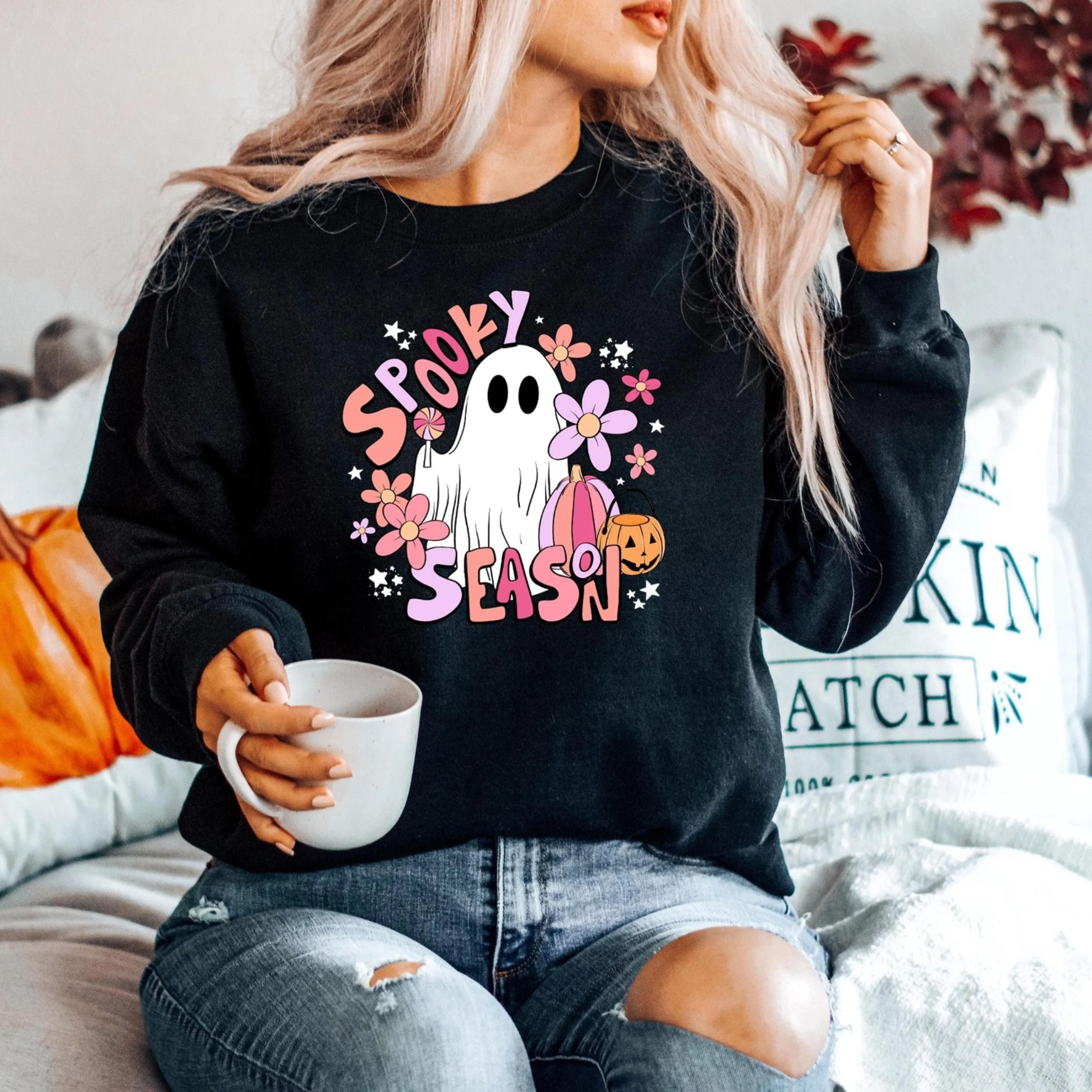 spooky season floral ghost sweatshirt, cute ghost sweatshirt, spooky sweatshirt, cute and scary, autumn sweatshirt, hall