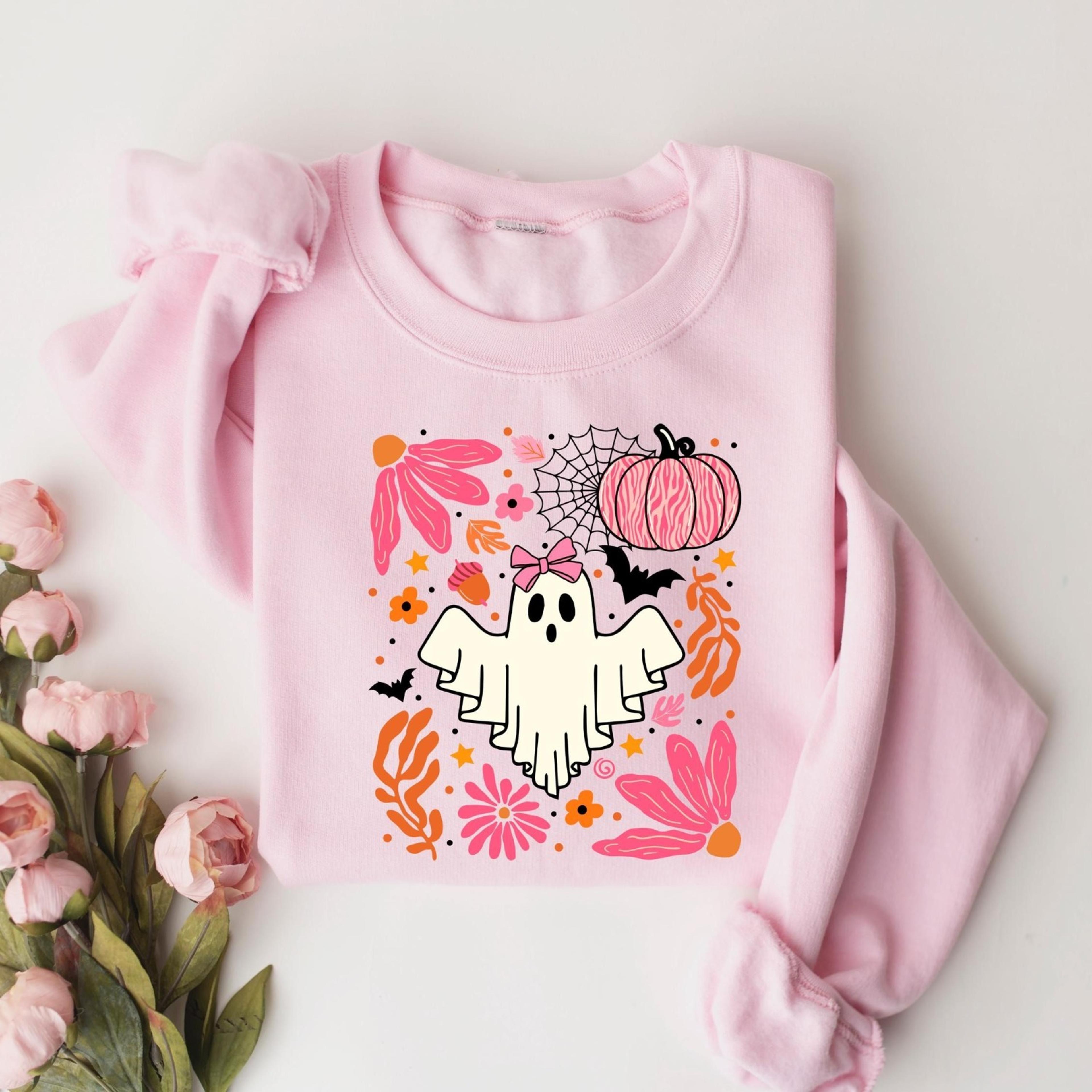 halloween pink ghost sweatshirt, leopard pink pumpkin sweatshirt, boho floral fall shirt, halloween boho floral tee, spo