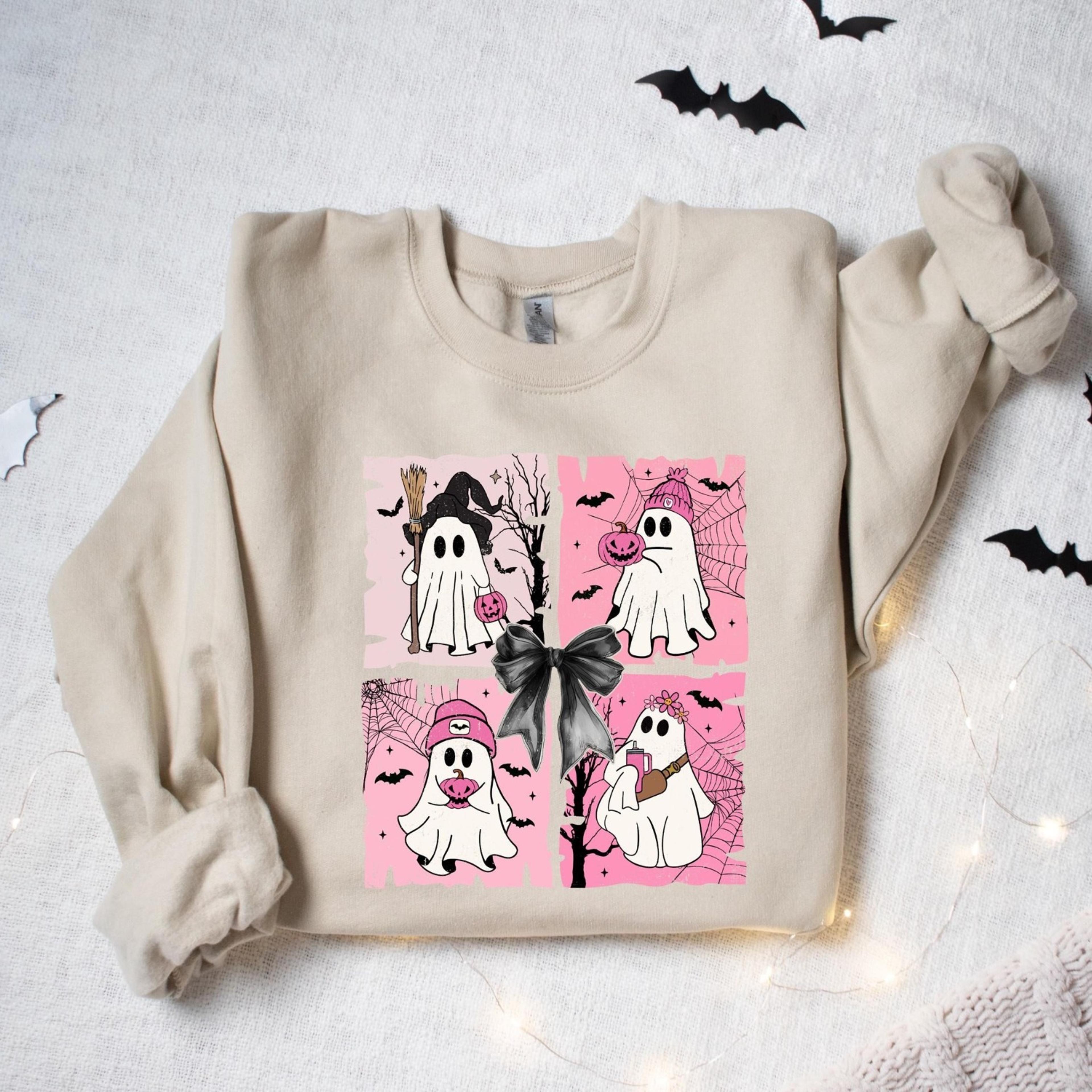 coquette ghost halloween shirt, coquette pink bow ghost shirts, cute ghost graphic tee, cute ghost sweatshirt, pink spoo