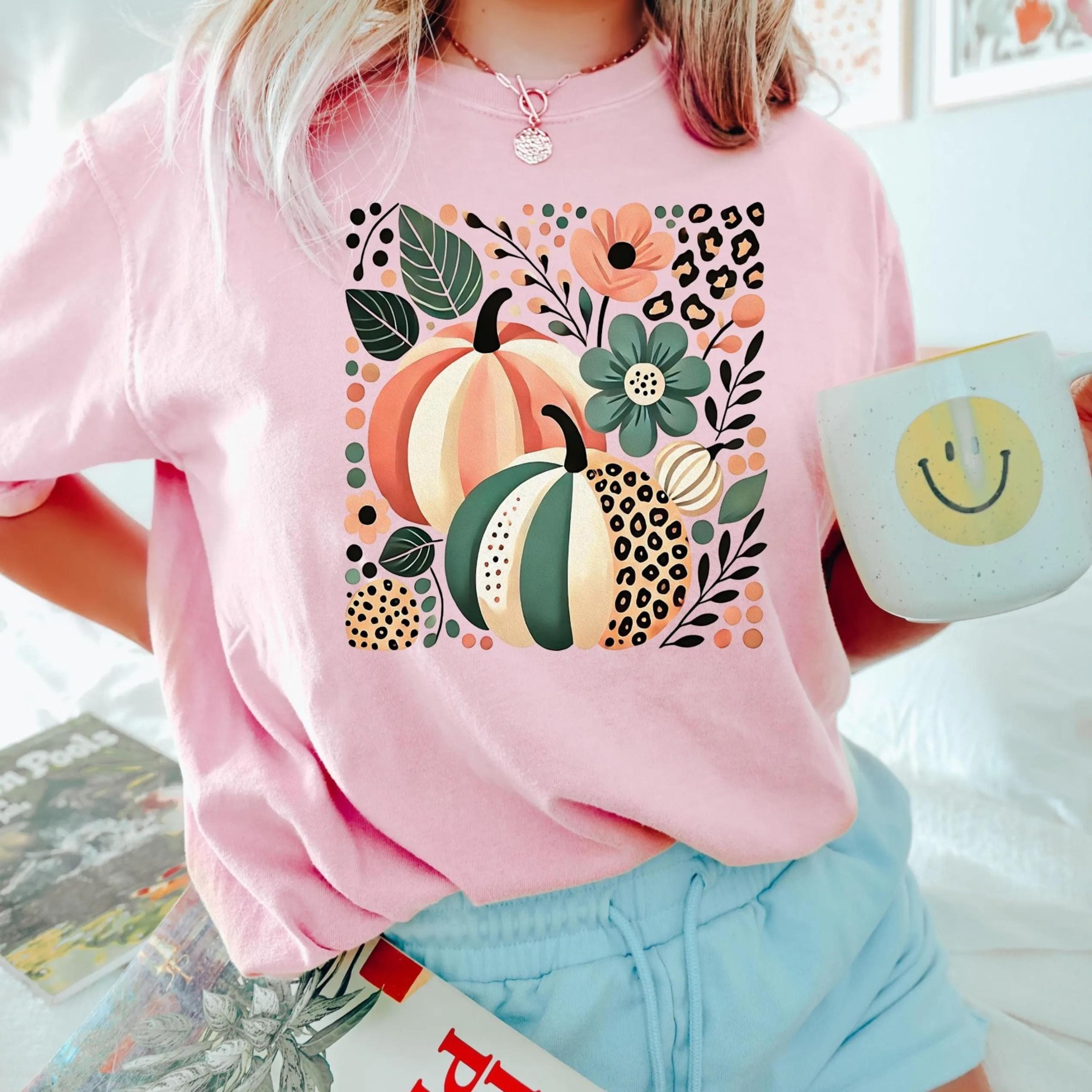 floral pumpkin shirt, leopard pink pumpkin shirt boho floral fall, retro fall shirt, pumpkin season shirt, leopard pump