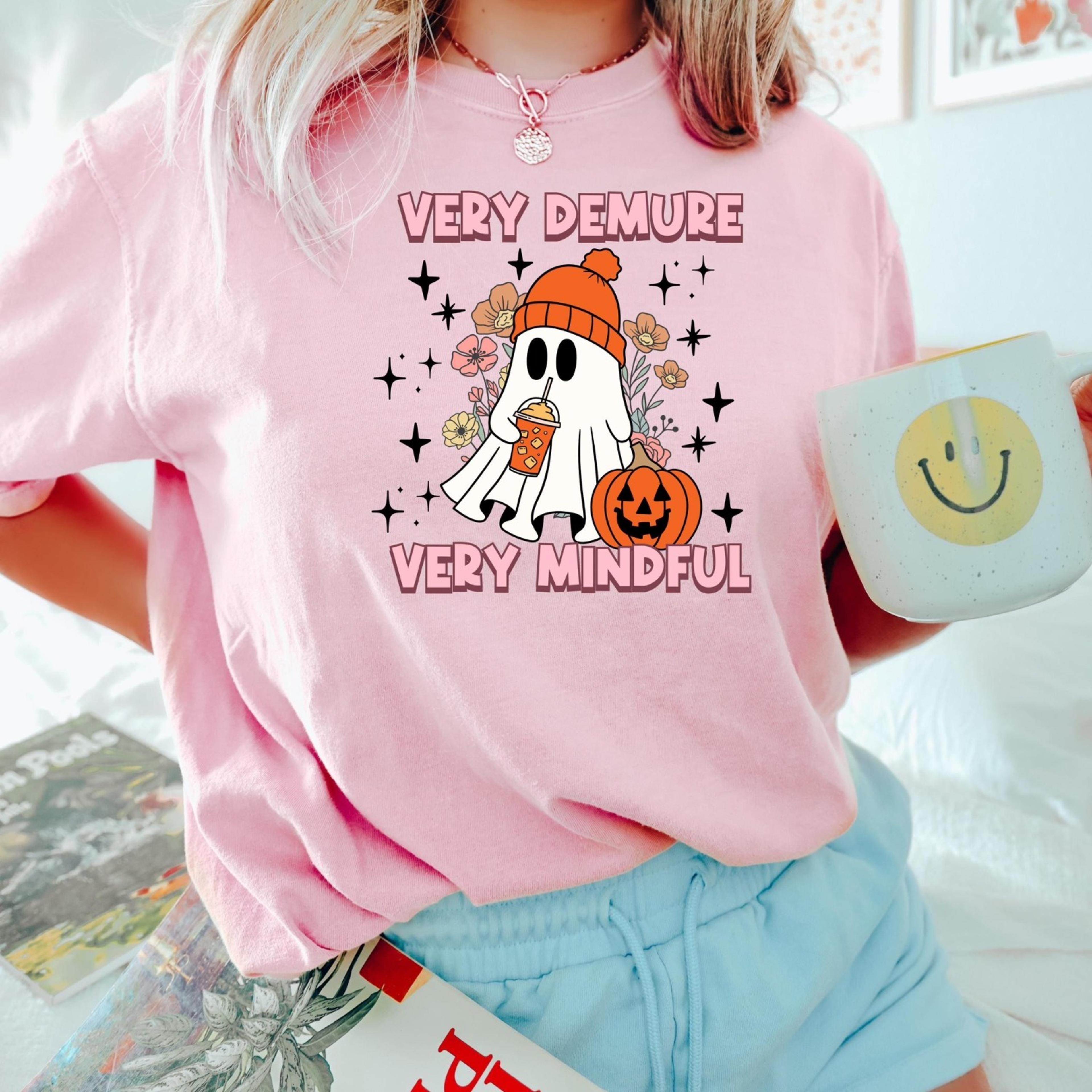 very demure very mindful ghost shirt cute ghost drinking coffee shirt, funny meme halloween shirt, funny halloween gift