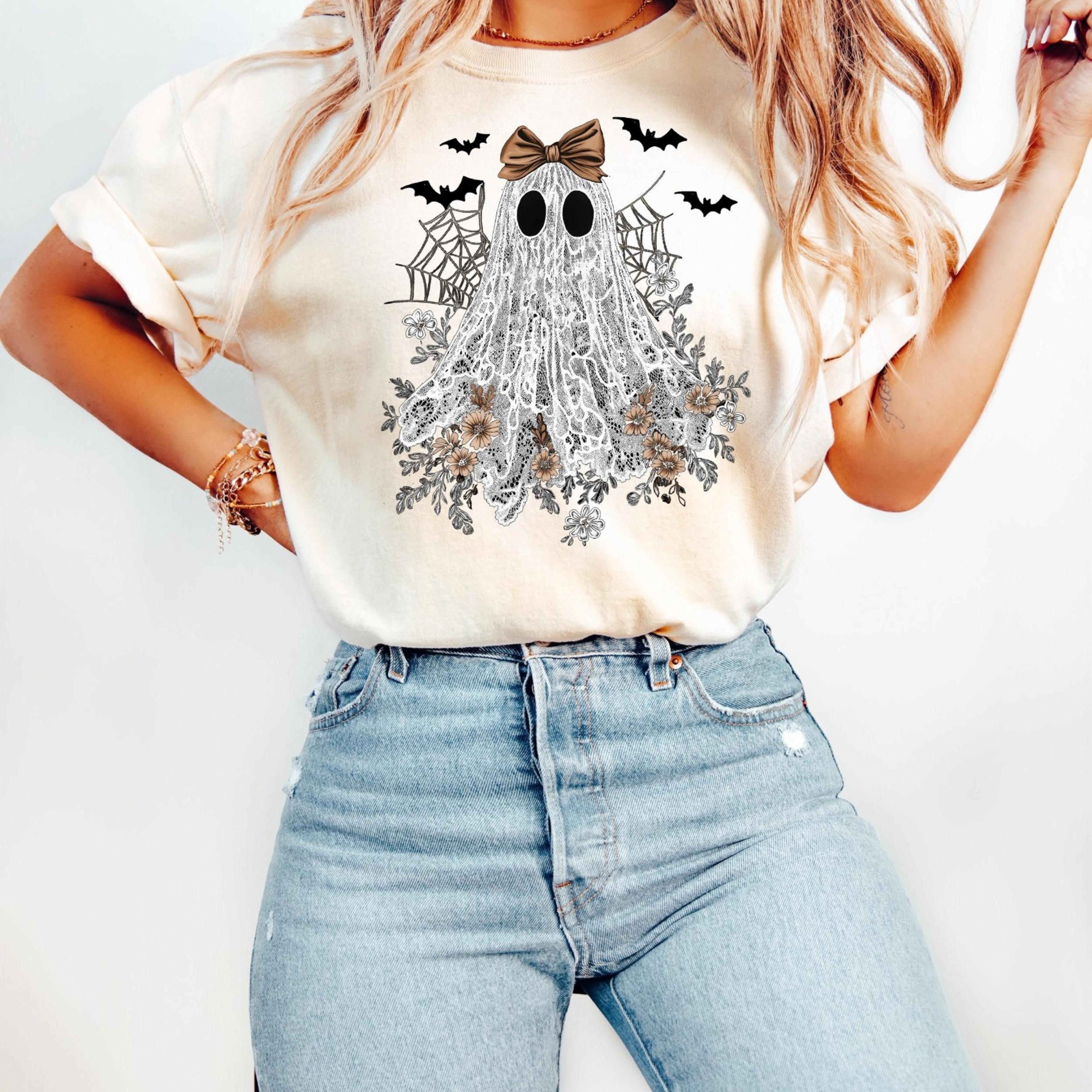 halloween lace ghost sweatshirt, spooky coquette t-shirt girly ghost orange bow t shirt lacey ghost tee comfort spooky s