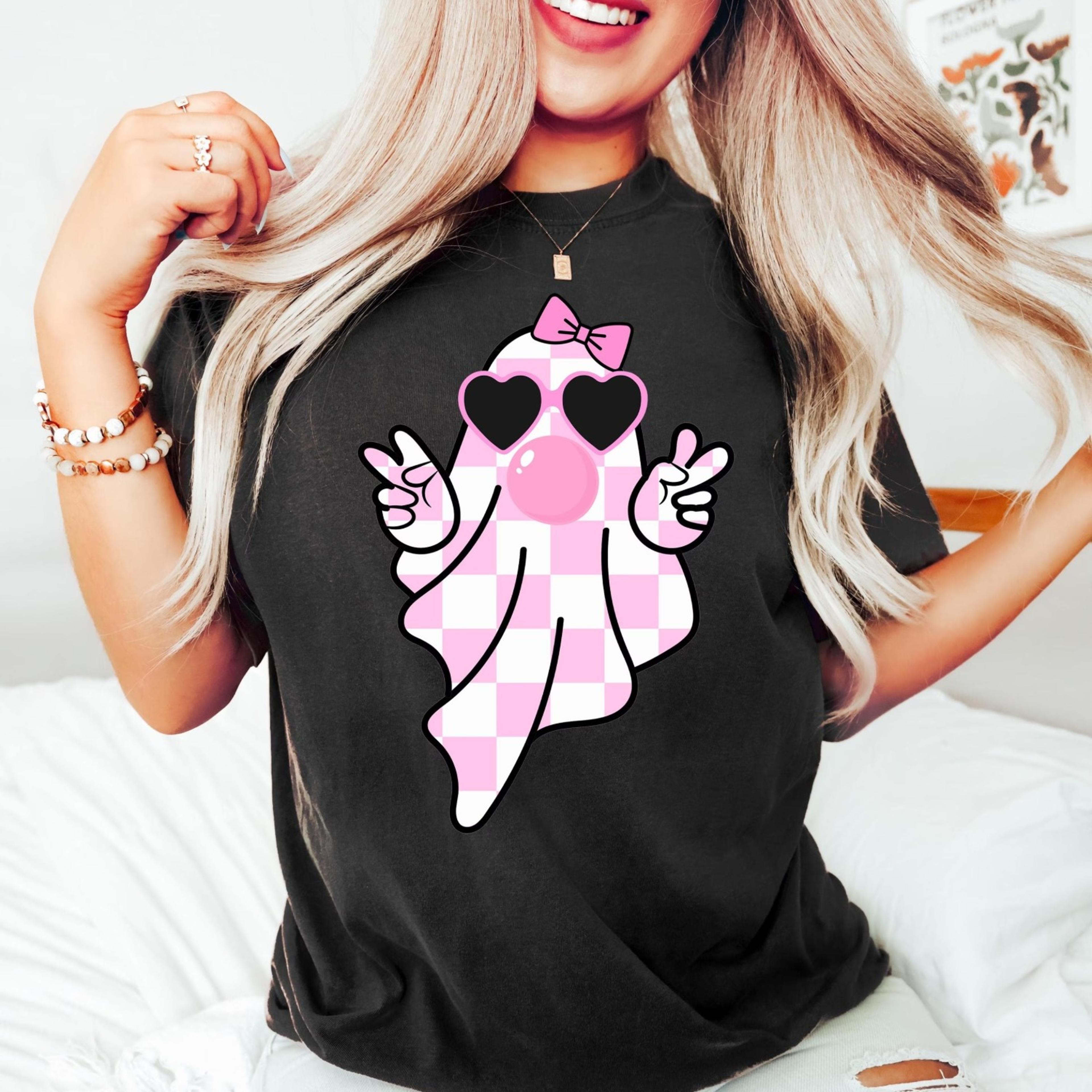 cute girly ghost blowing bubble shirt cute ghost shirt, retro checkered ghost bow shirt, cute pink ghost t-shirt, on we
