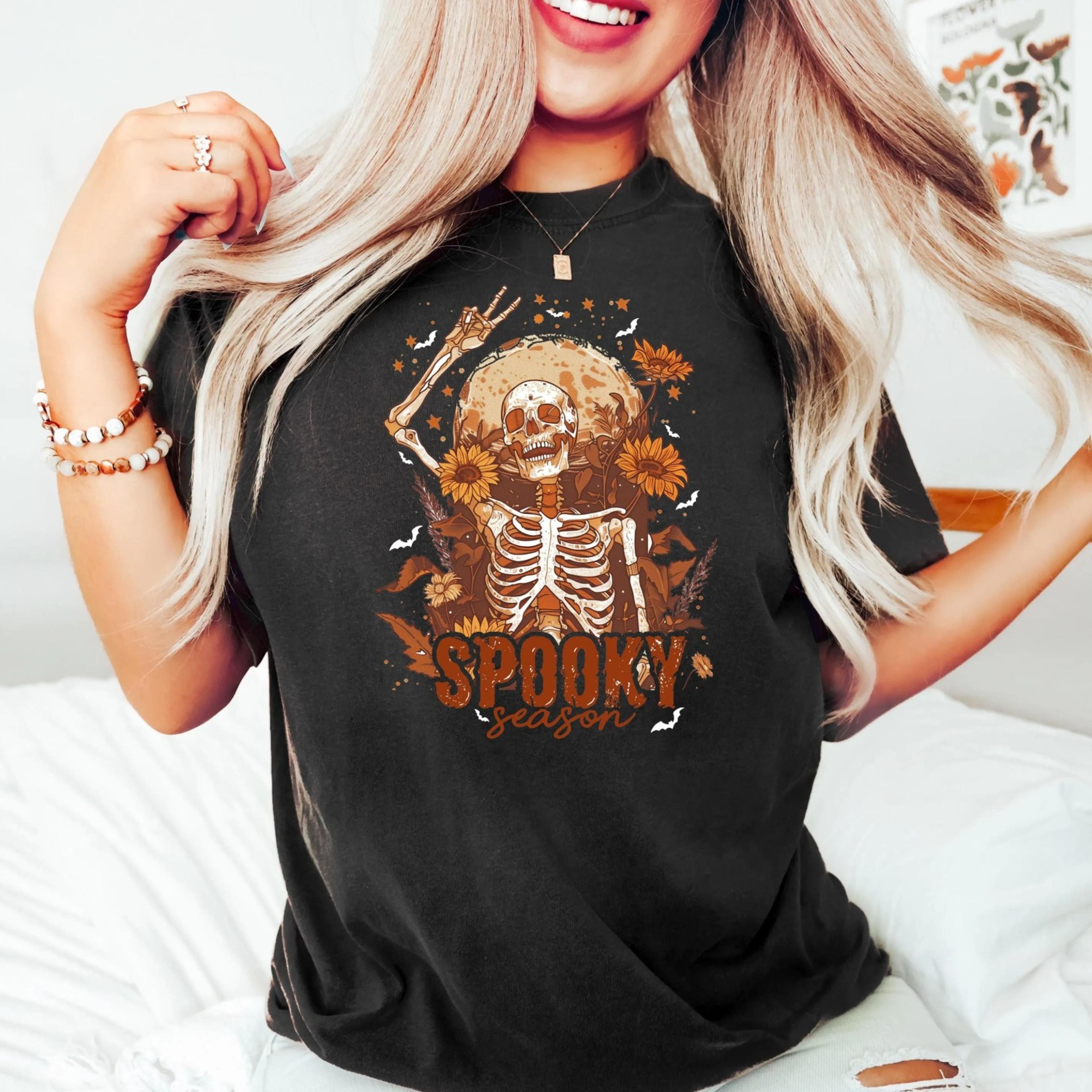 spooky season shirt, skeleton halloween shirt, halloween party 2025 shirt, spooky fall tee, halloween pumpkin shirt, hal