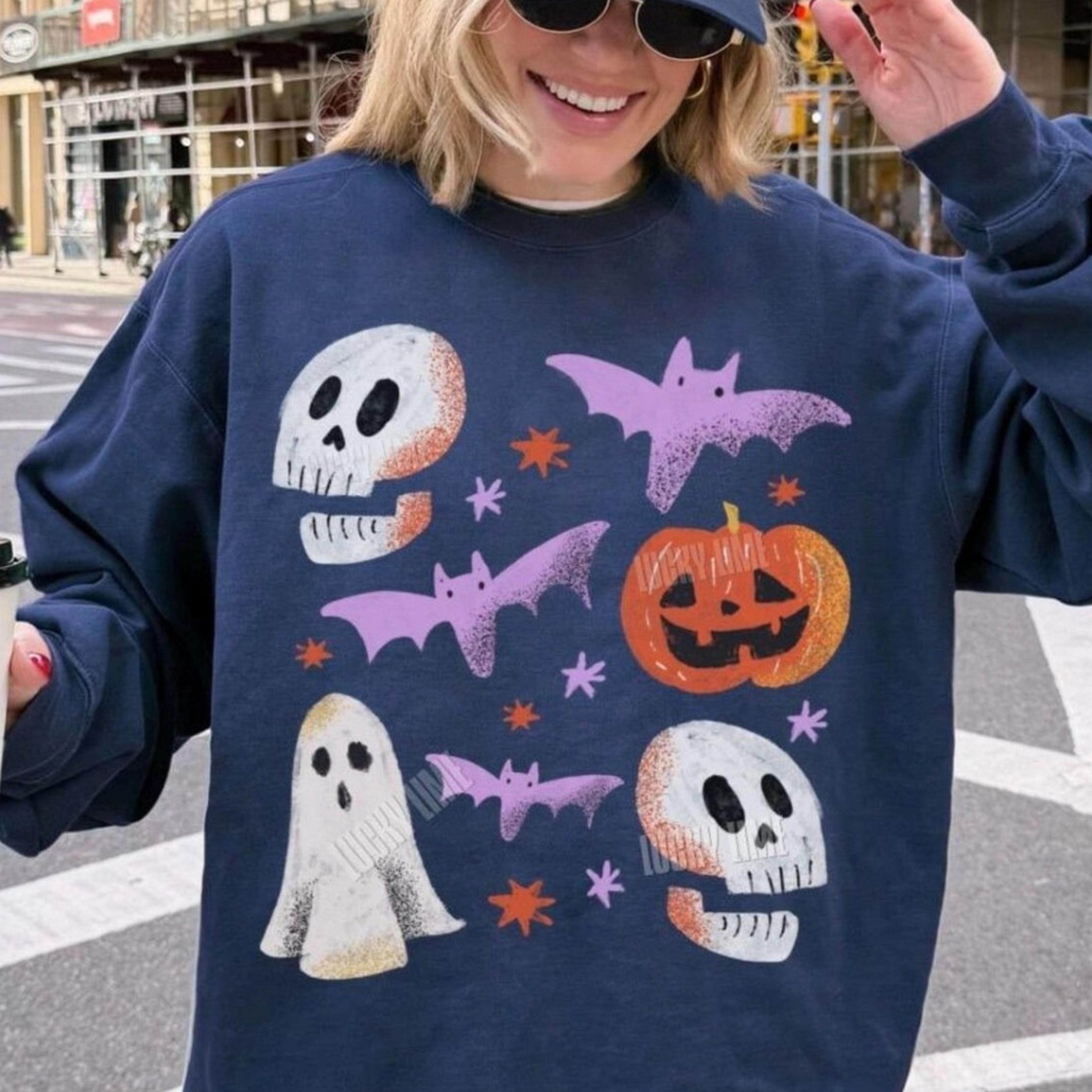 halloween bat sweatshirt, halloween sweatshirt, halloween collage shirt, skeleton halloween, skull shirt