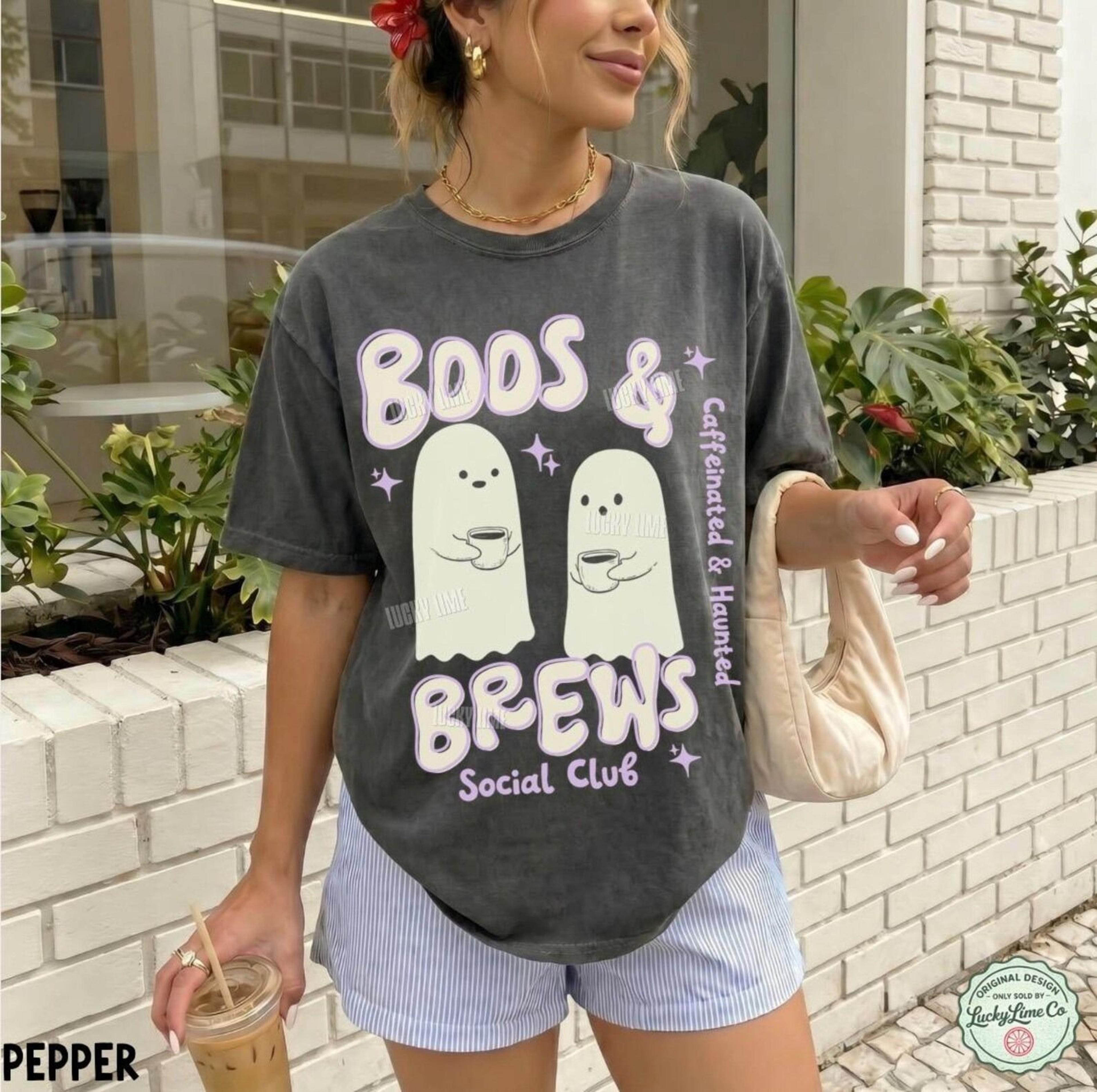 retro halloween coffee shirt, cute ghost tshirt, boos and brews tee, caffeinated and haunted graphic tee, womens hallowe