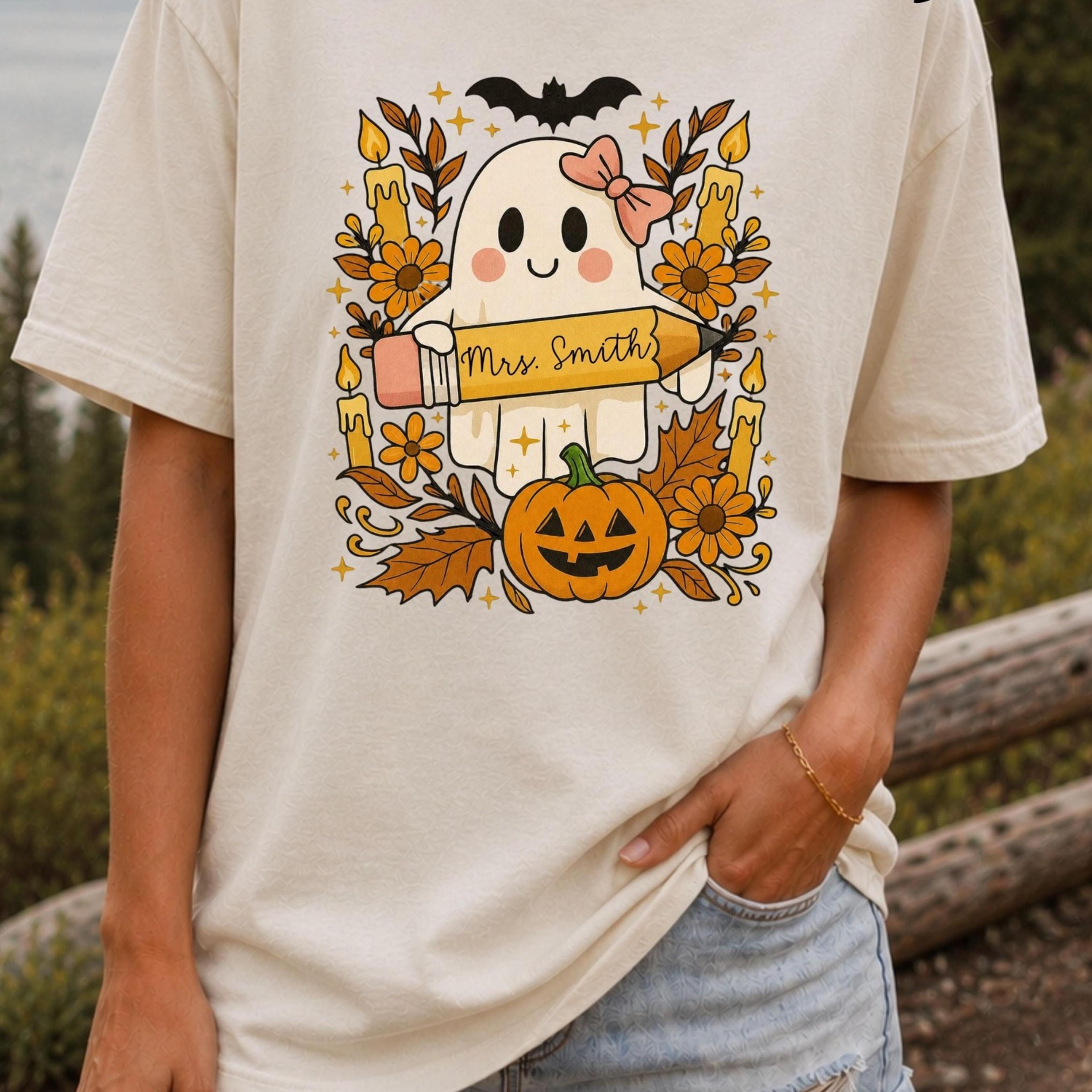 custom teacher name ghost t-shirt, teacher halloween gift, boho floral ghost shirt