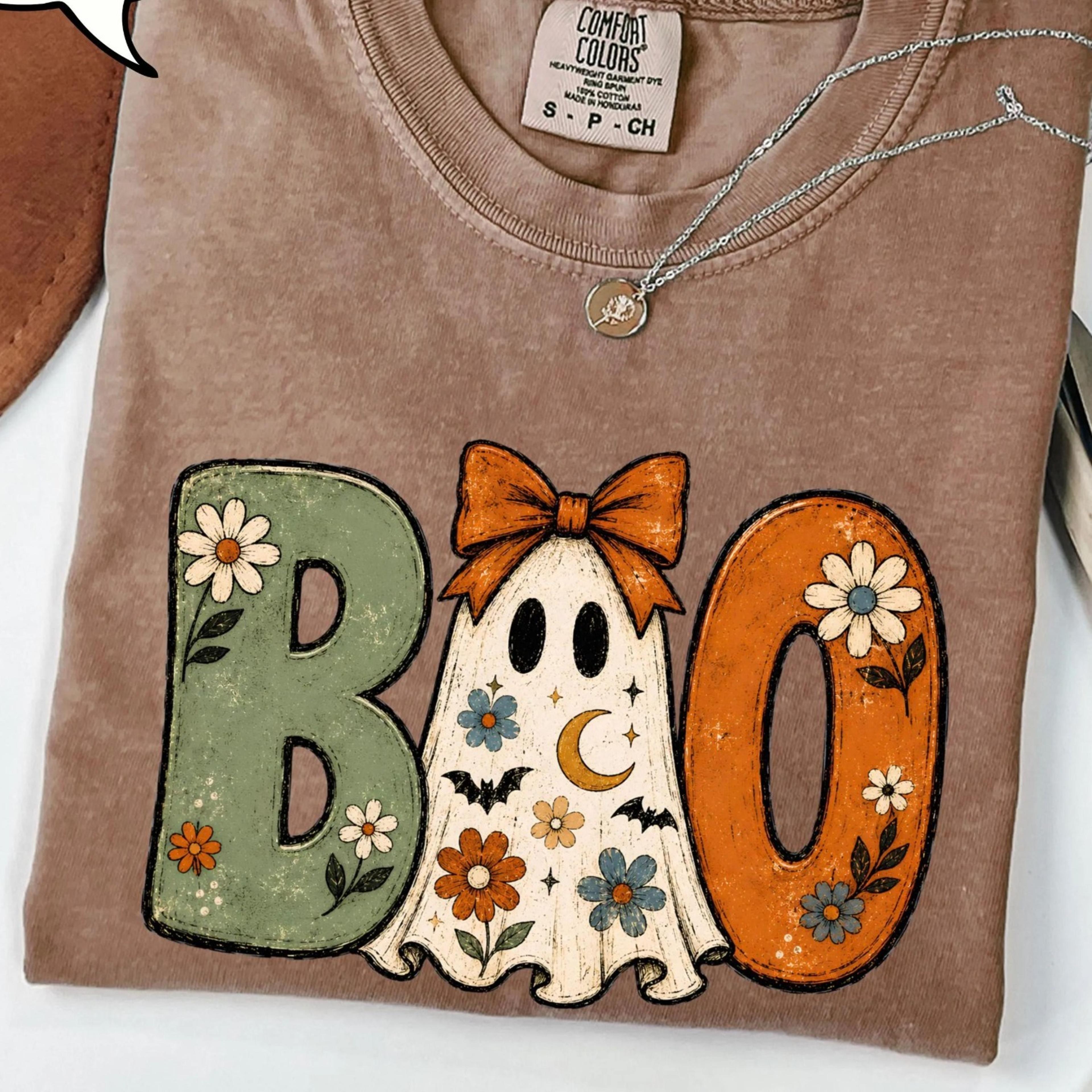 boo ghost t-shirt, girly halloween shirt, boho floral shirt, spooky season tee
