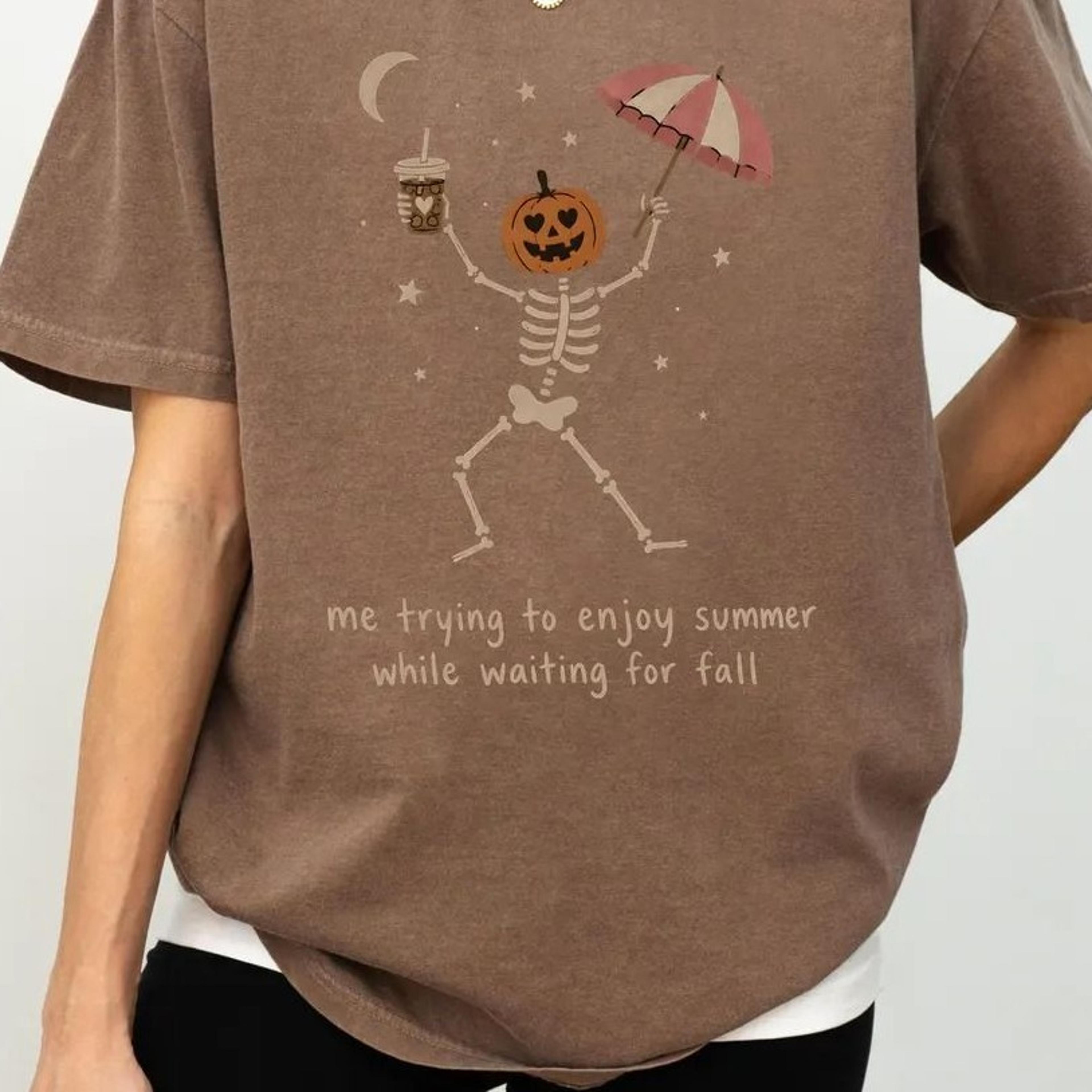 me trying to enjoy summer while waiting for fall t-shirt, dancing skeleton shirt, pumpkin skeleton tee