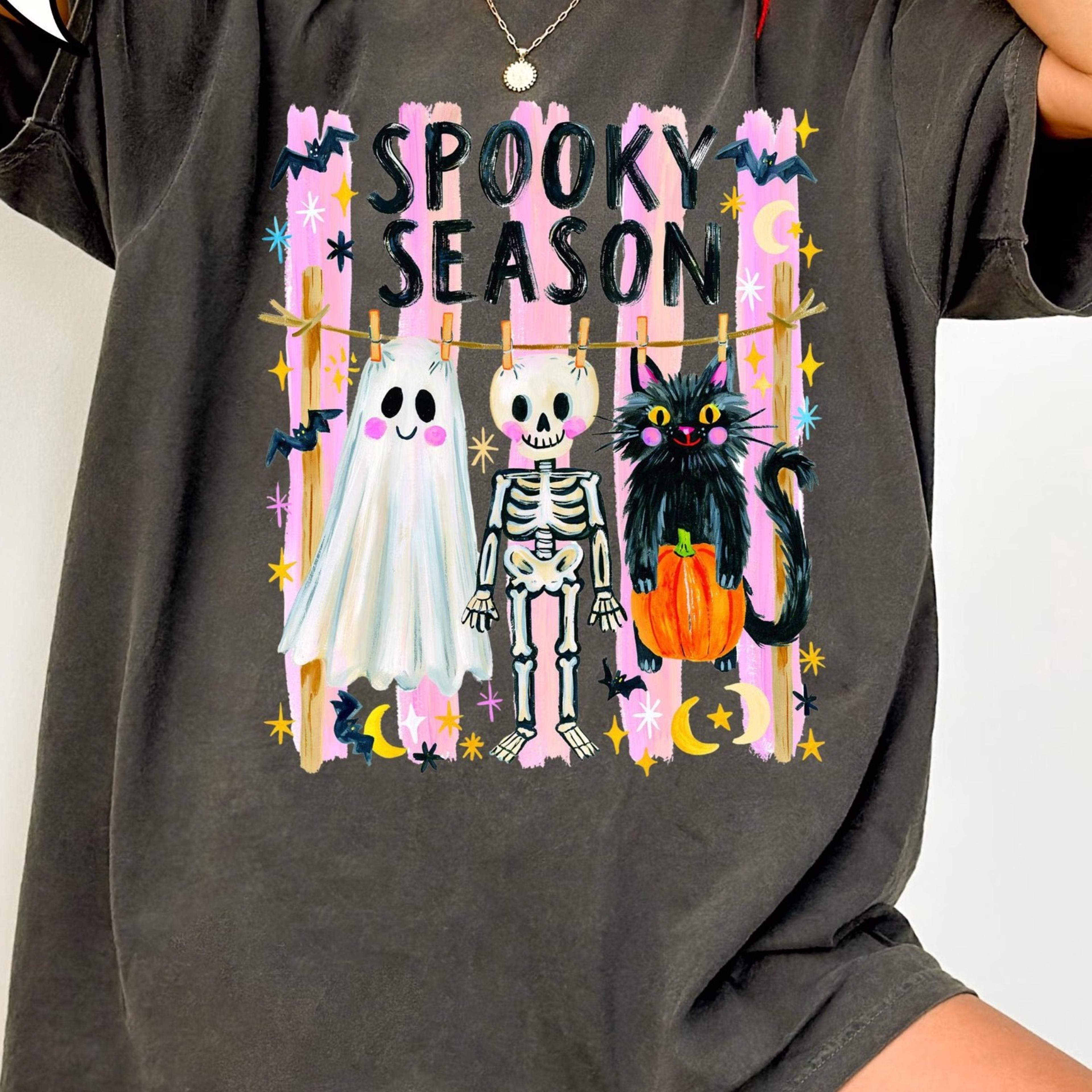 spooky season t-shirt, halloween ghost and cat shirt, skeleton shirt