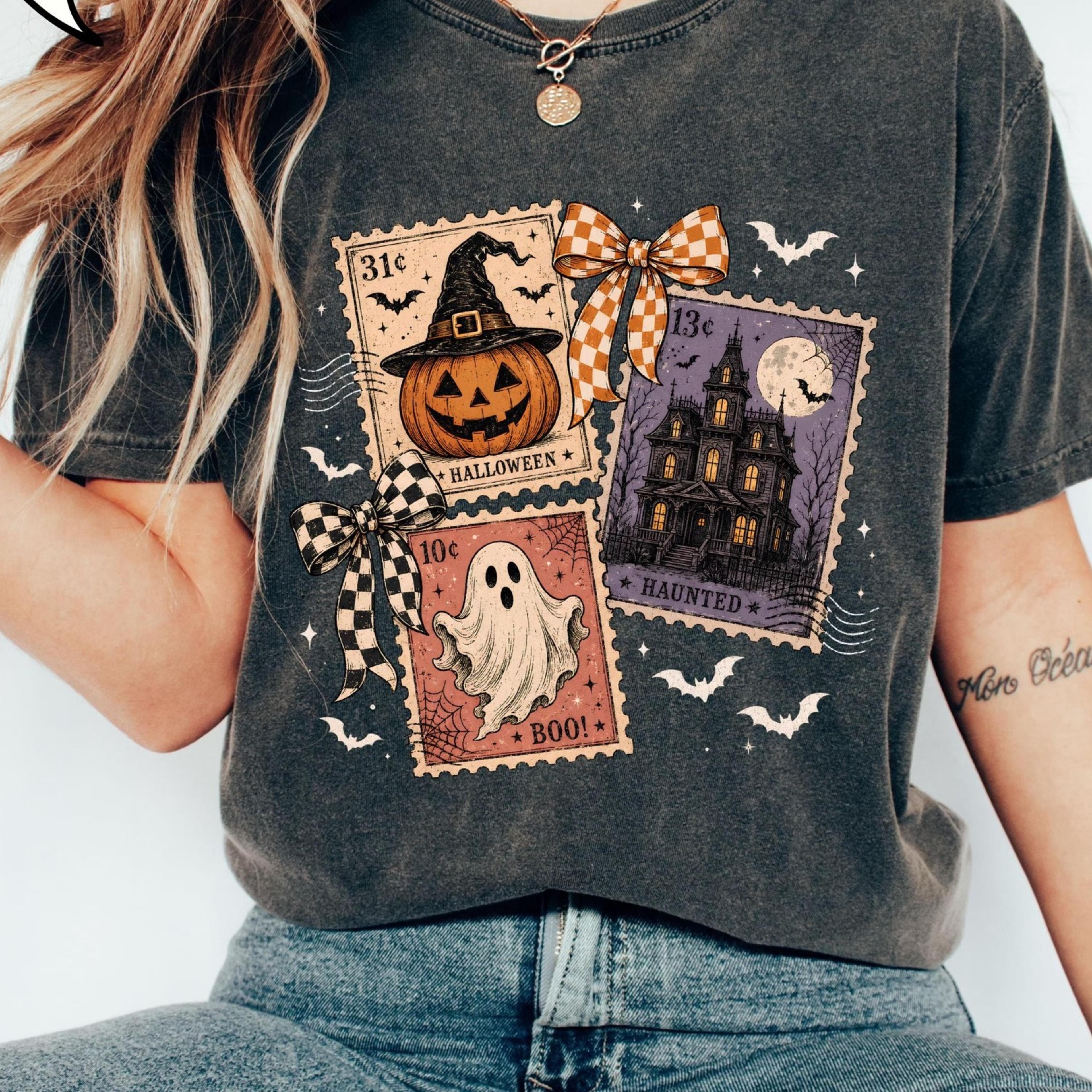halloween stamp t-shirt, coquette spooky season shirt, halloween postage stamp tee