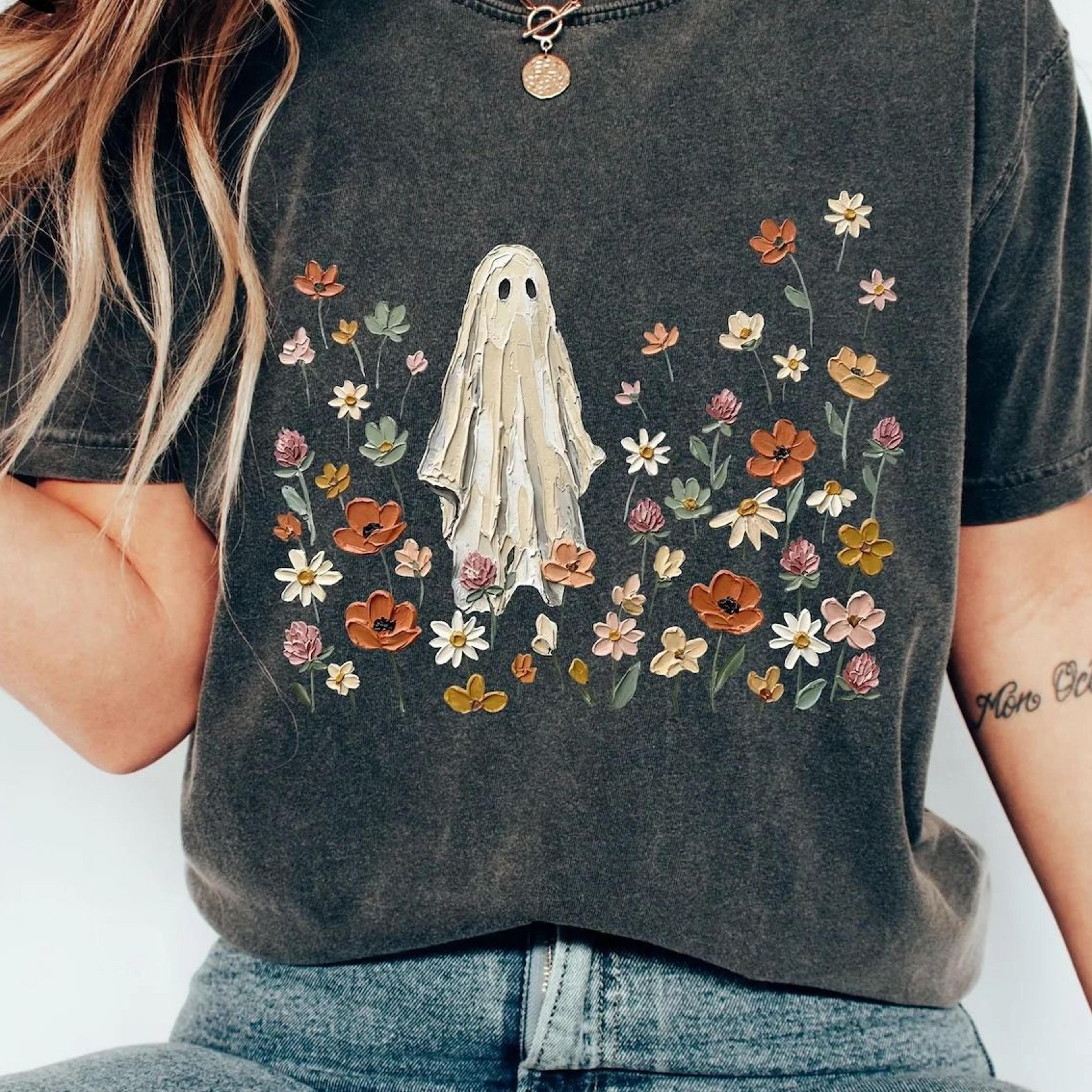 spooky ghost t-shirt, floral ghost shirt, nature lover halloween gift