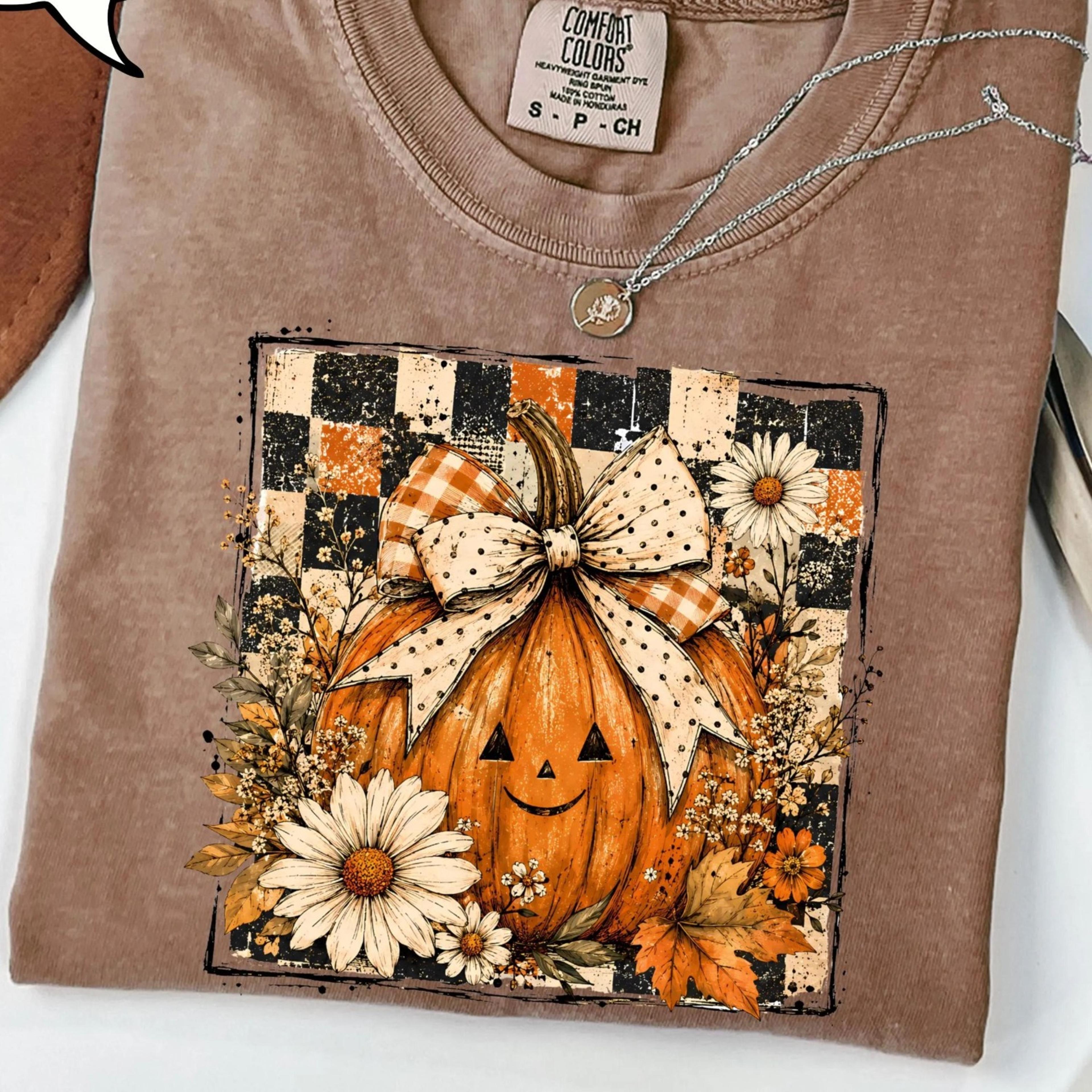 checkered pumpkin shirt, coquette bow pumpkin shirt, thanksgiving woman gift
