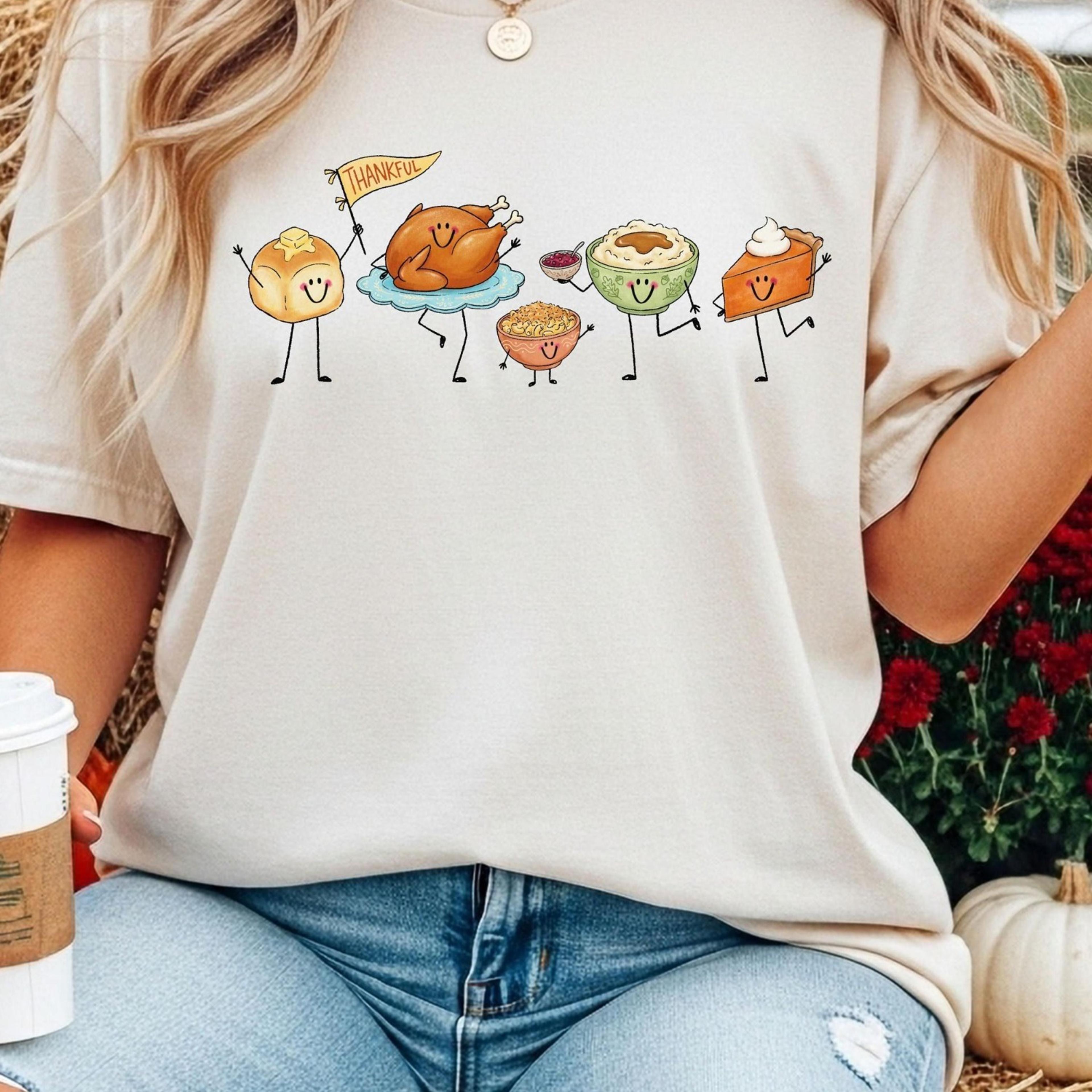 thanksgiving doodle t-shirt, happy thankful shirt, pie coffee turkey food shirt