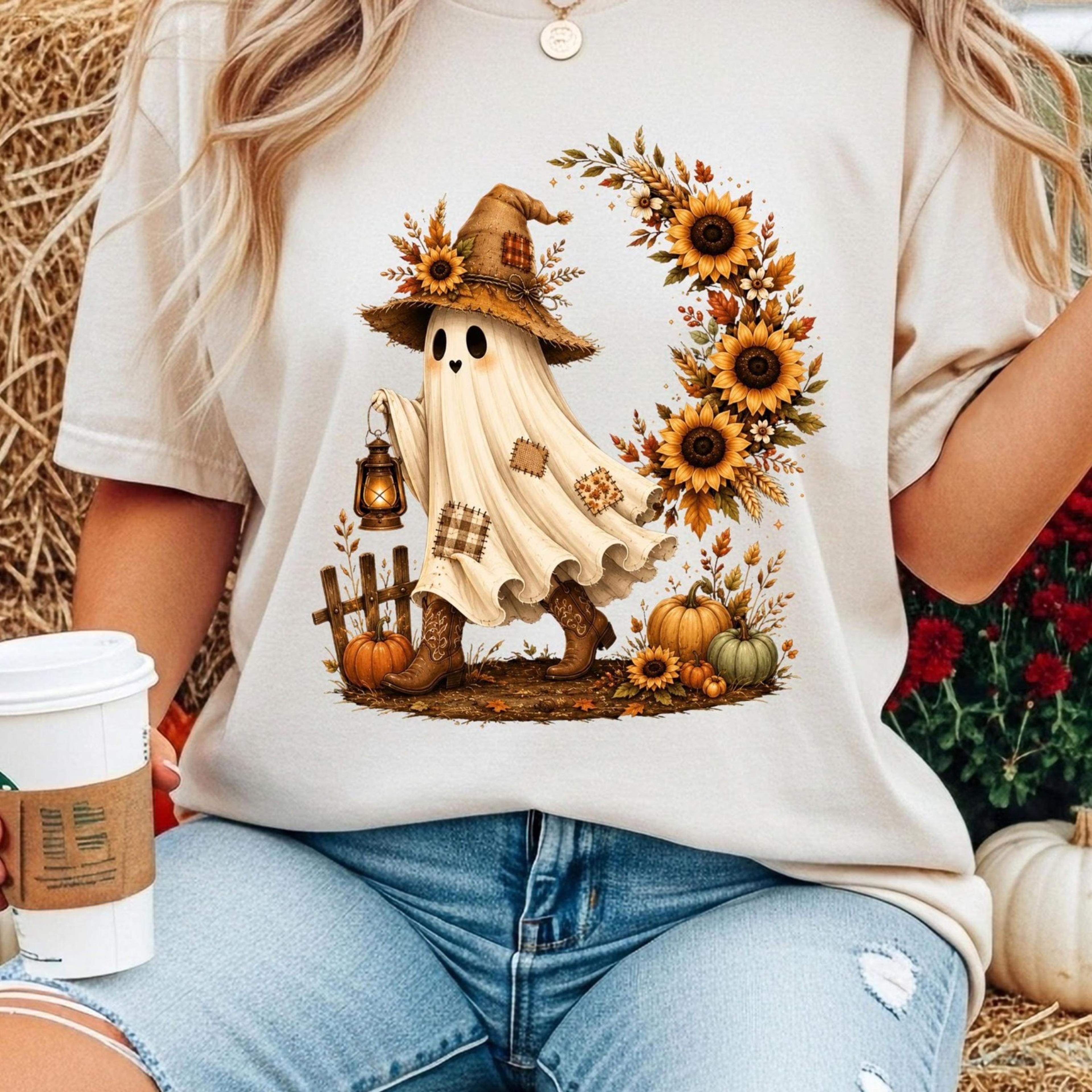 sunflower ghost t-shirt, autumn shirt, fall season shirt, farm ghost tee