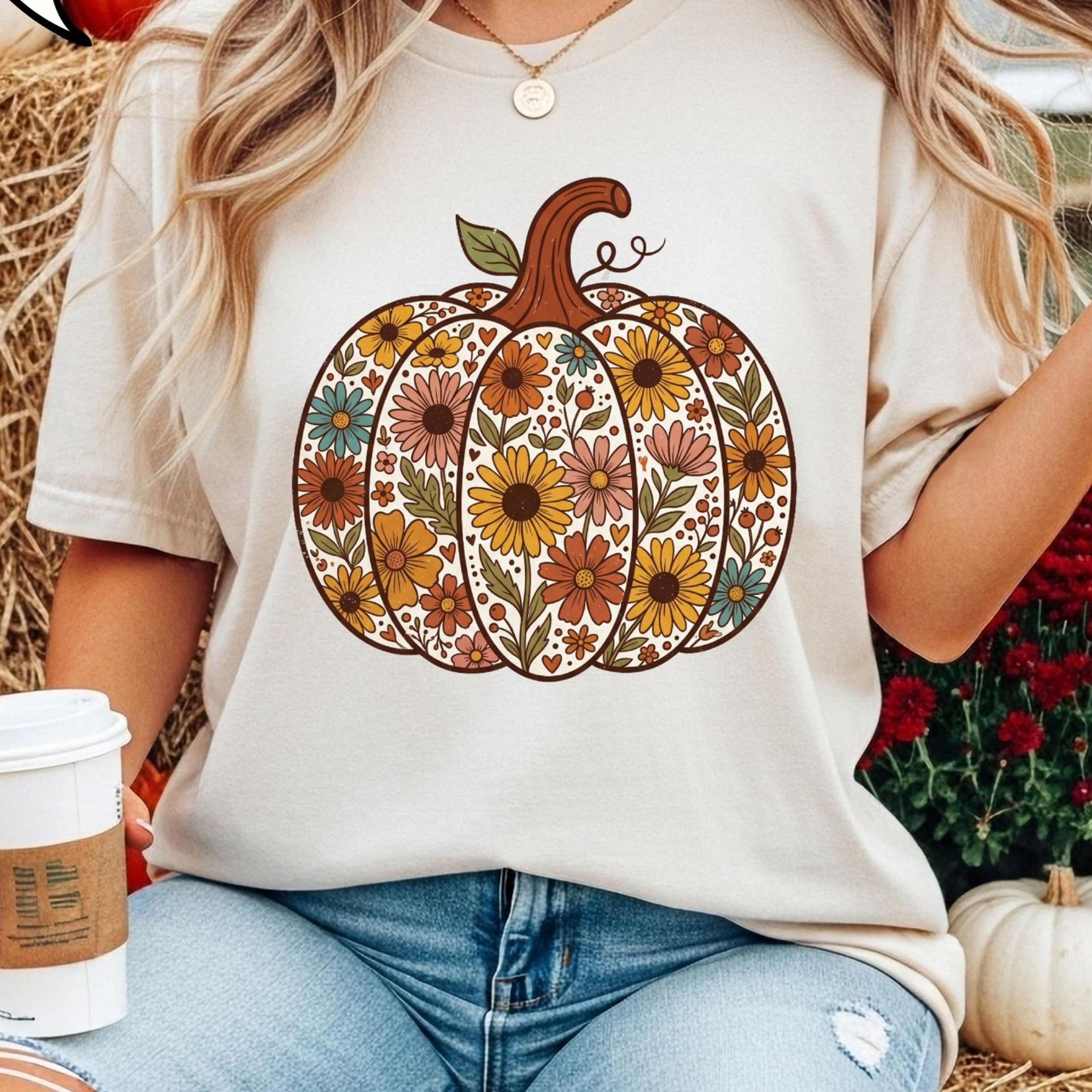 floral pumpkin t-shirt, boho flower autumn shirt, fall woman gift