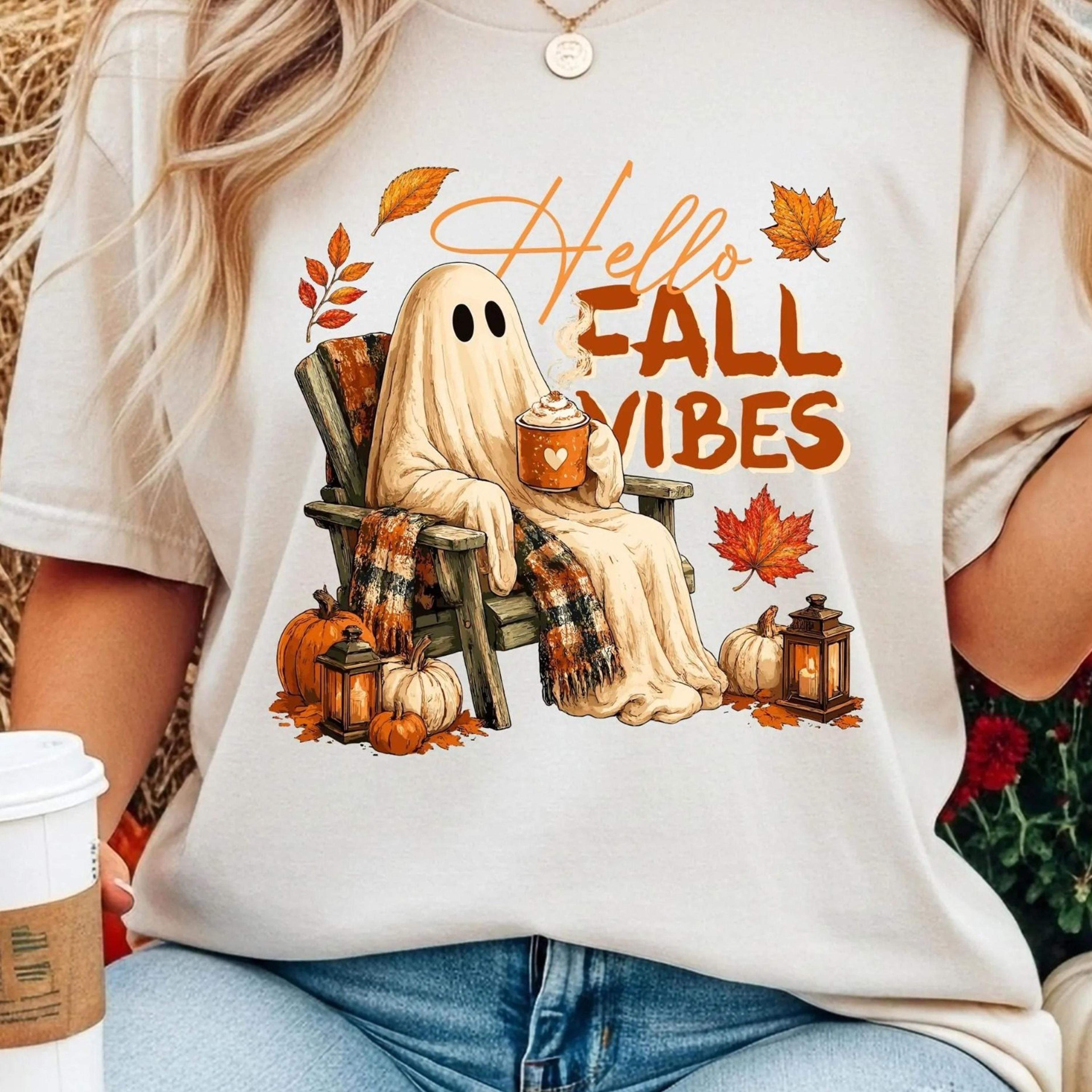 hello fall vibes t-shirt, drinking coffee ghost shirt, coffee lover gift