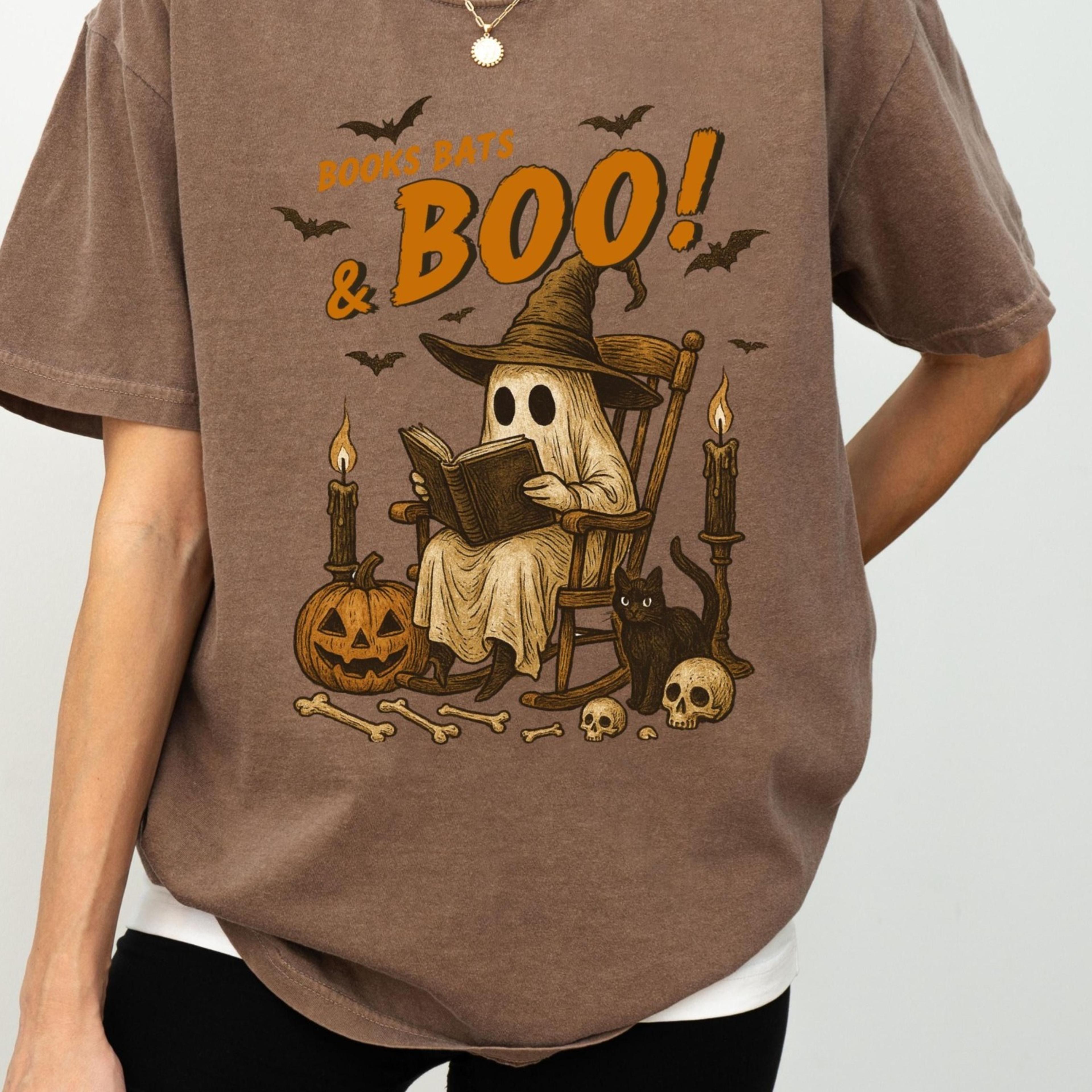 books bats and boo shirt, reading tee book t-shirt, ghost reading book shirt, teacher halloween shirt, book lover gift