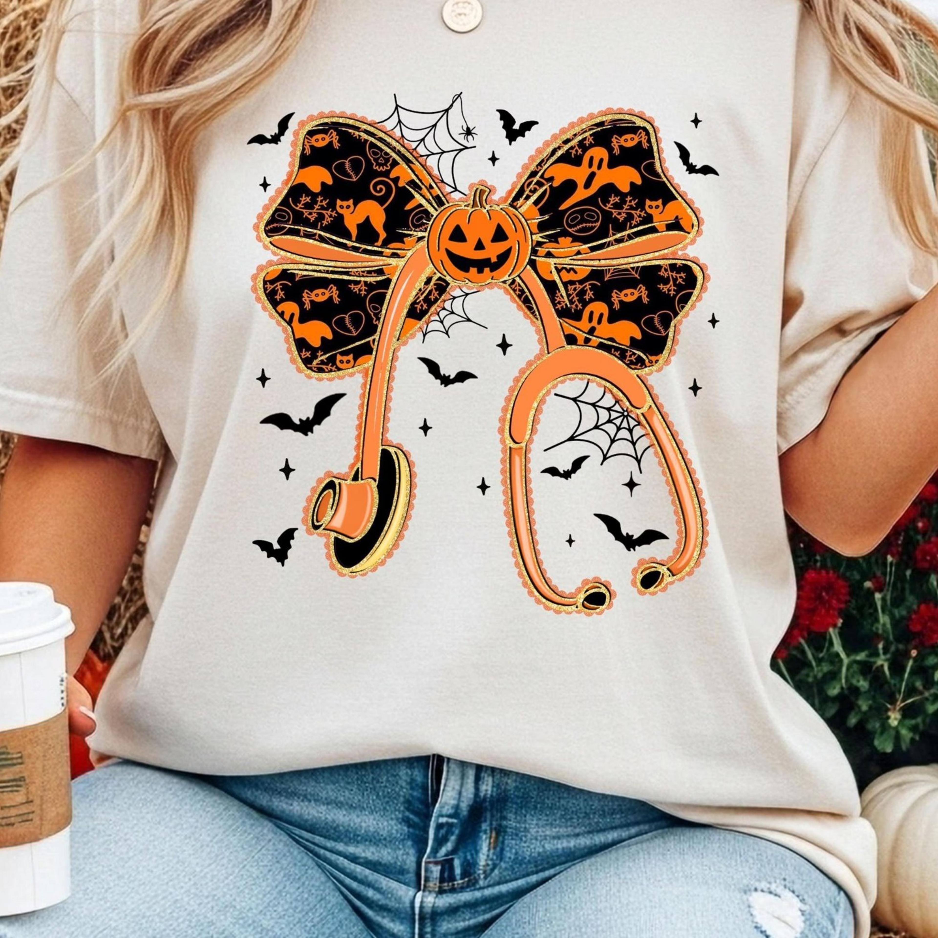 halloween nurse t-shirt, fall nurse shirt, stethoscope nurse shirt, spooky coquette nurse shirt, stethoscope bow shirt