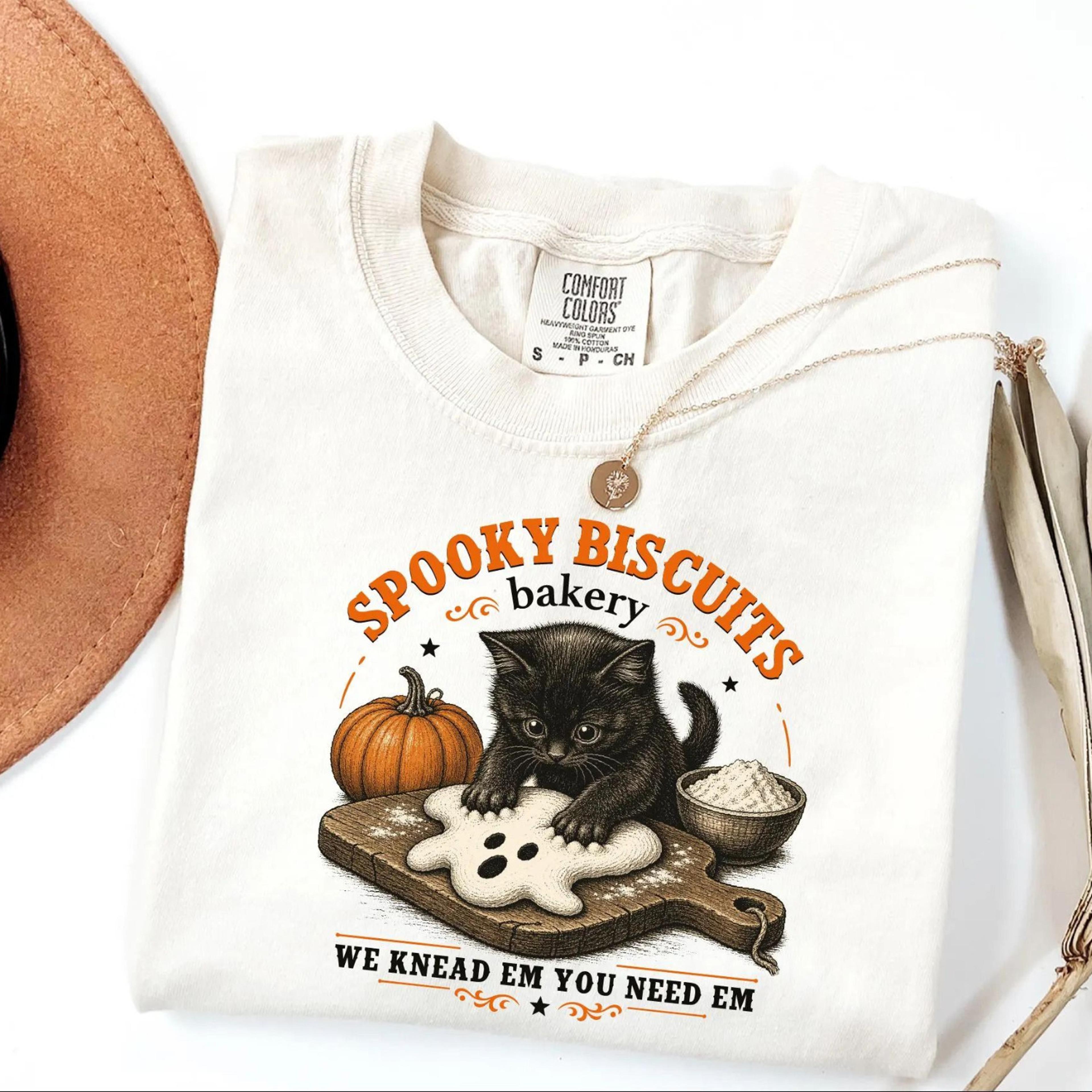 spooky biscuits bakery shirt, black cat halloween tee, cute ghost cookie graphic
