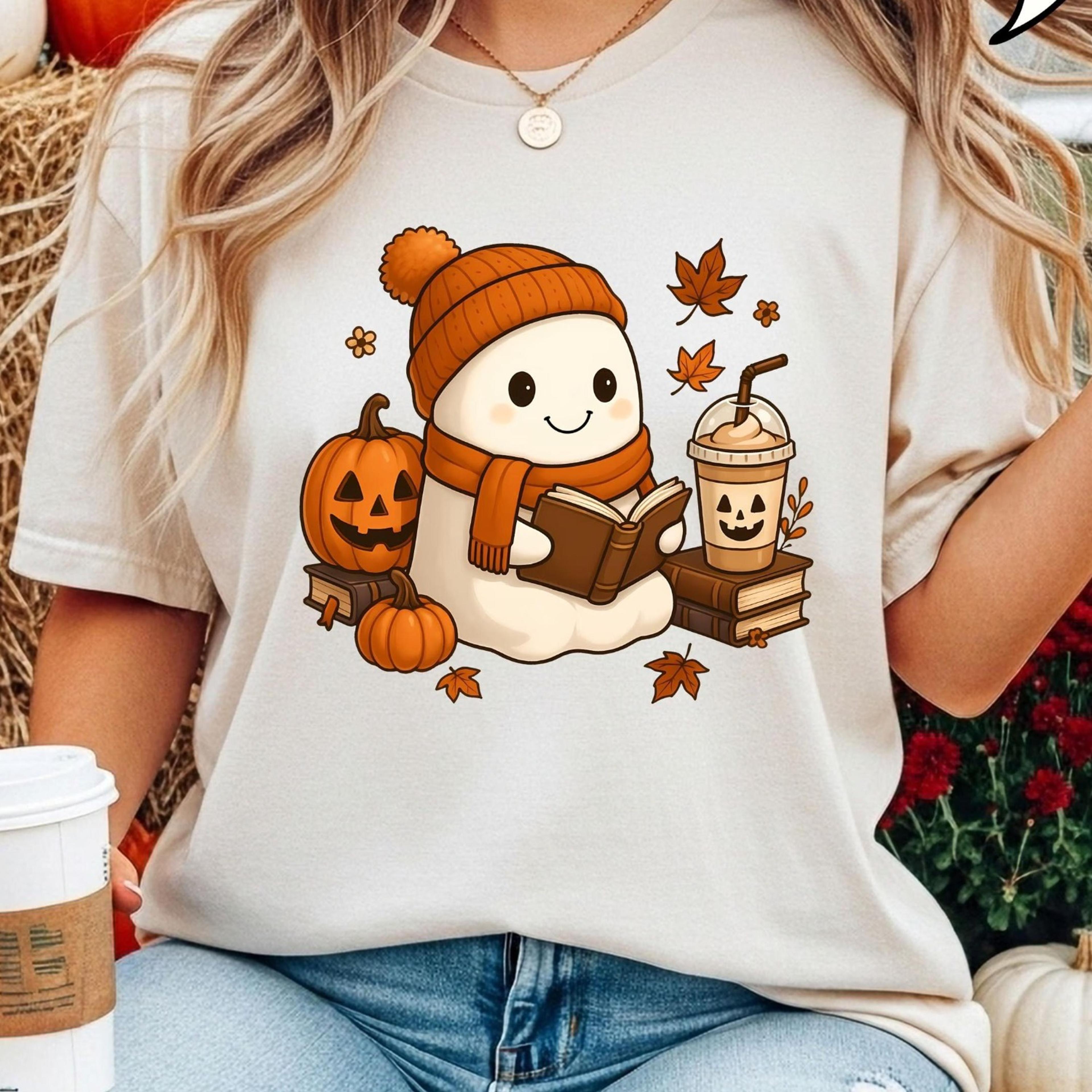 reading ghost t-shirt, fall coffee shirt, autumn teacher shirt, book and coffee lover gift, fall teacher shirt
