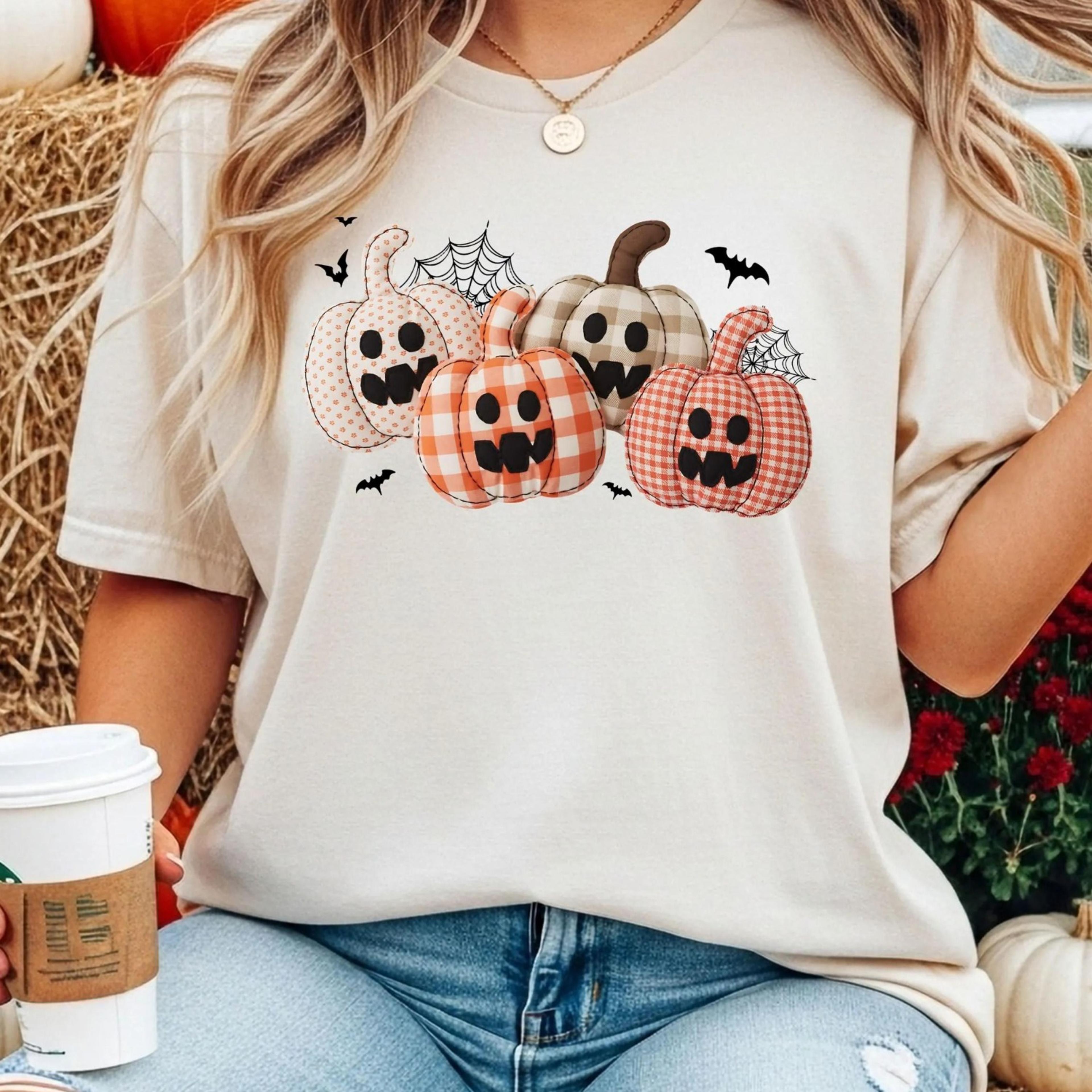 fall patchwork pumpkin t-shirt, pumpkin season shirt, checkered pumpkin tee, halloween pumpkin shirt