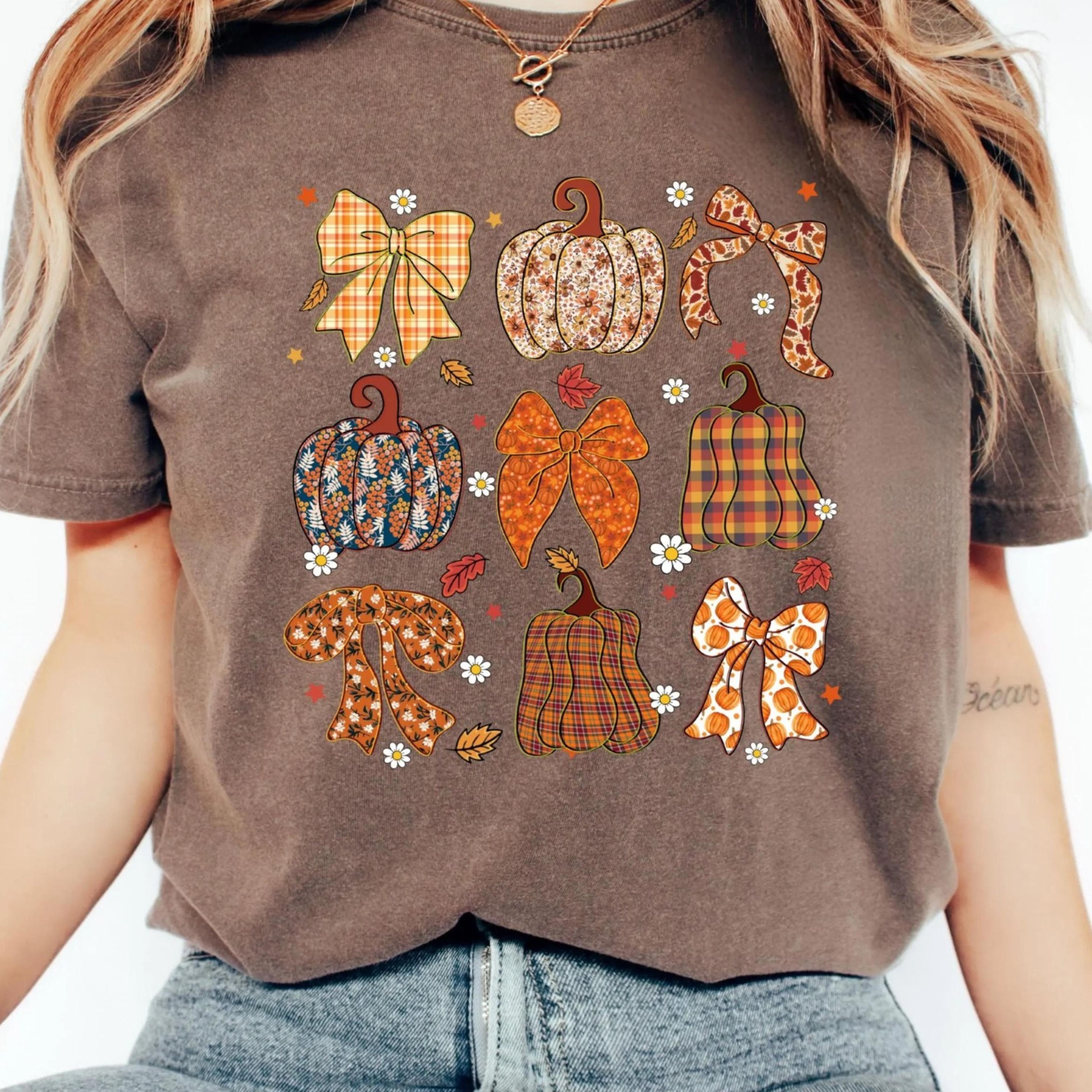 fall coquette bow t-shirt, checkered pumpkin shirt, fall pumpkin shirt, autumn shirt, patchwork pumpkin tee, pumpkin sea