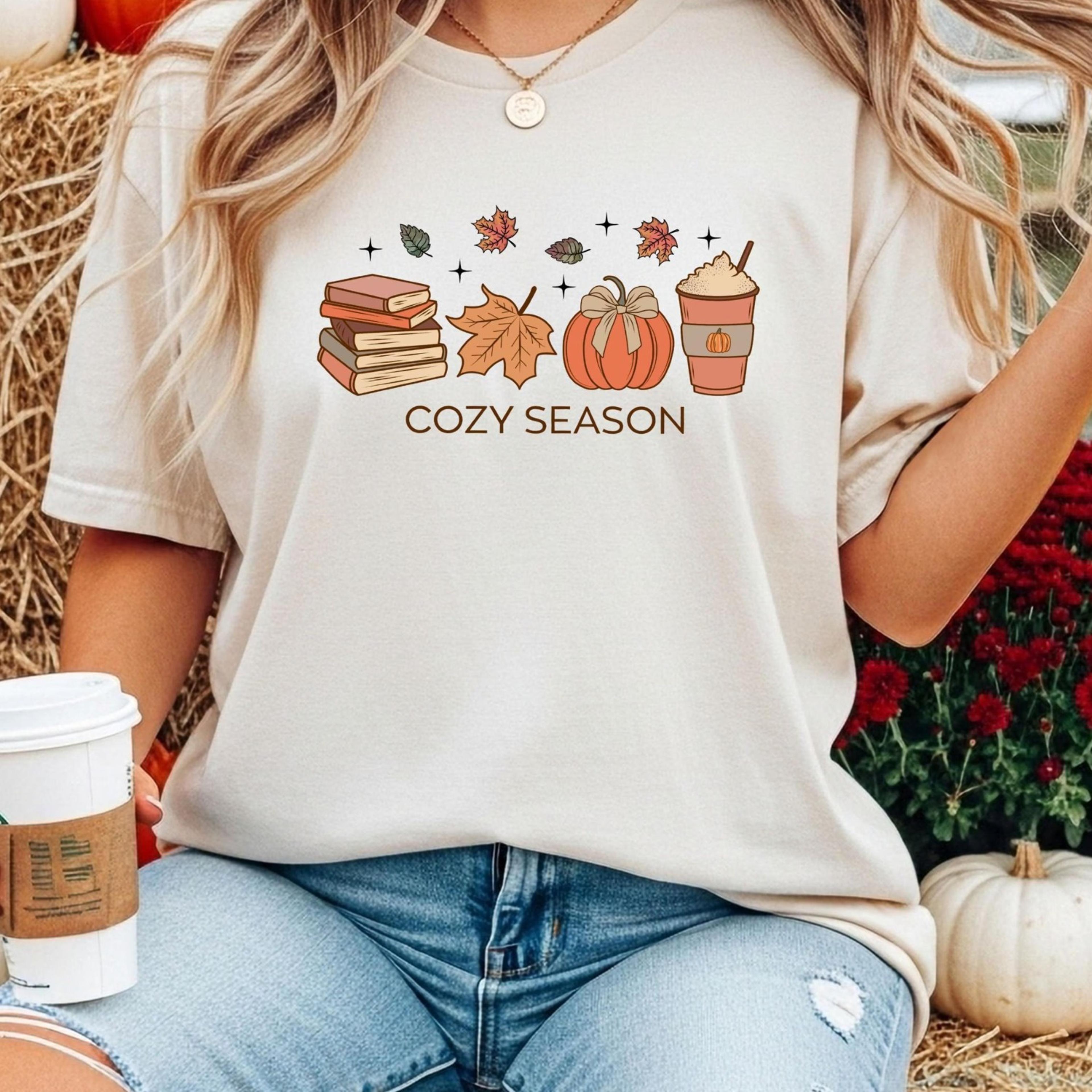 cozy season t-shirt, fall coffee shirt, autumn shirt, book lover gift, fall latte shirt, woman gift